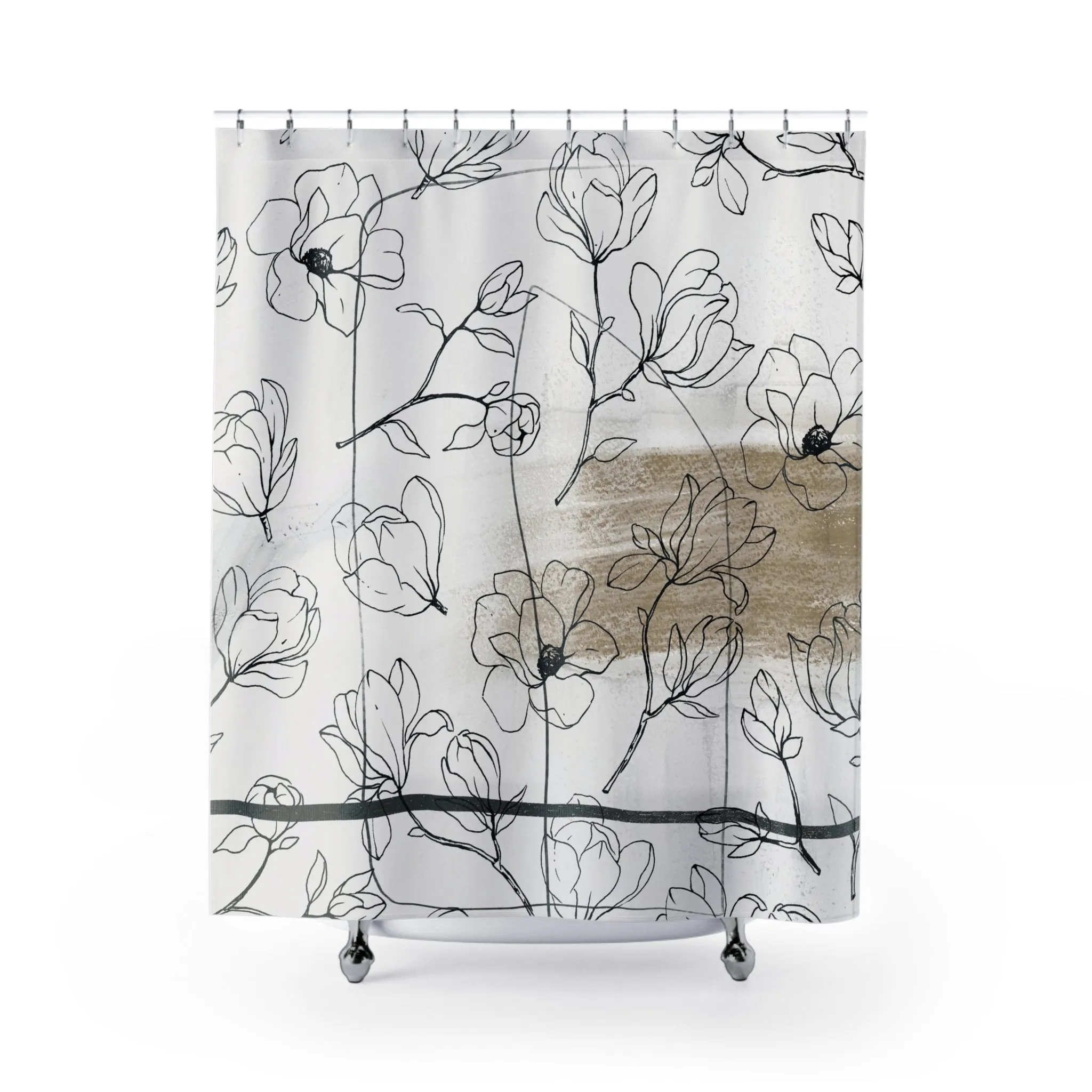 Boho Floral Shower Curtain | Bohemian Beige White Black Line Art Lighting,Home Lighting