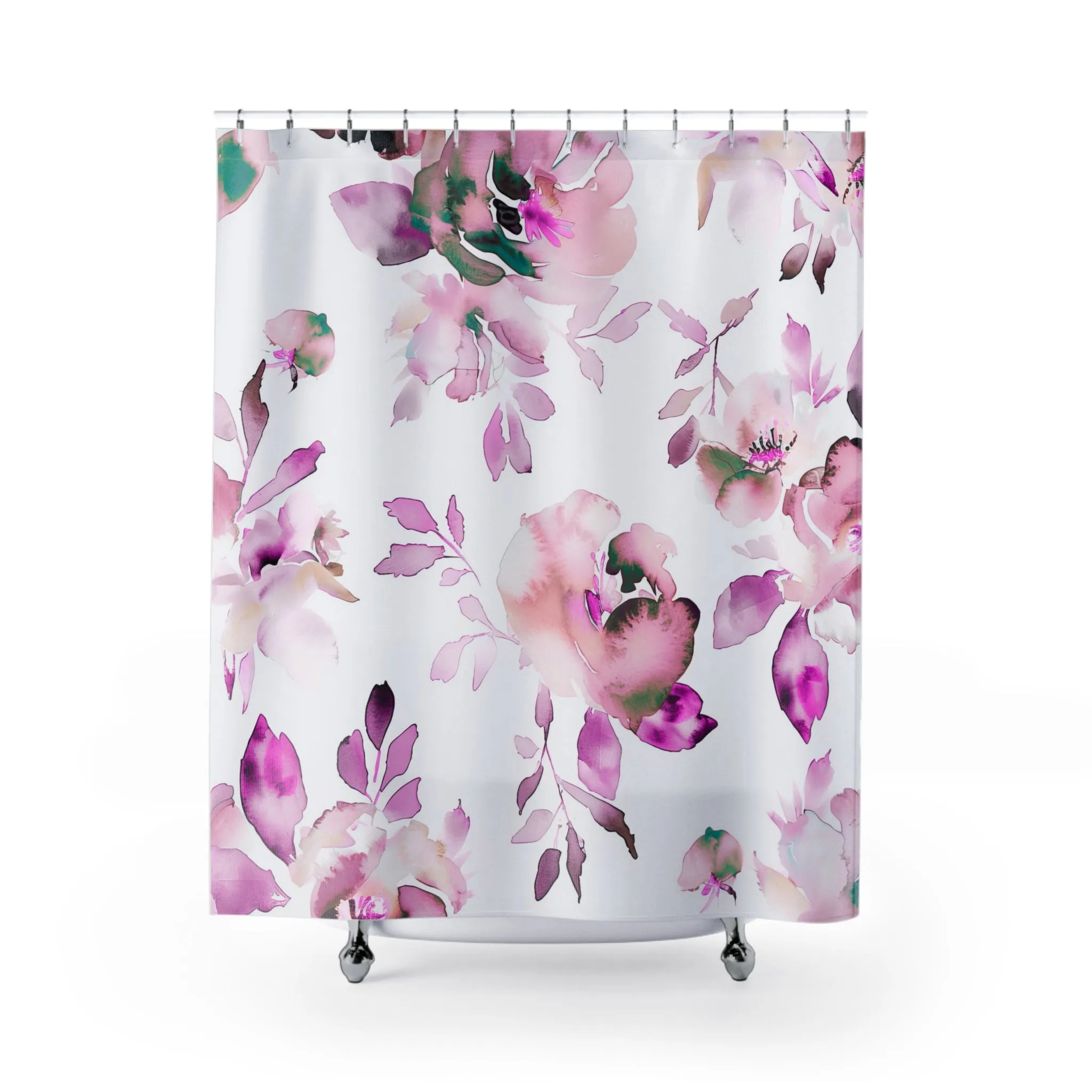 Boho Floral Shower Curtain | Botanical Pink, White Lighting,Home Lighting