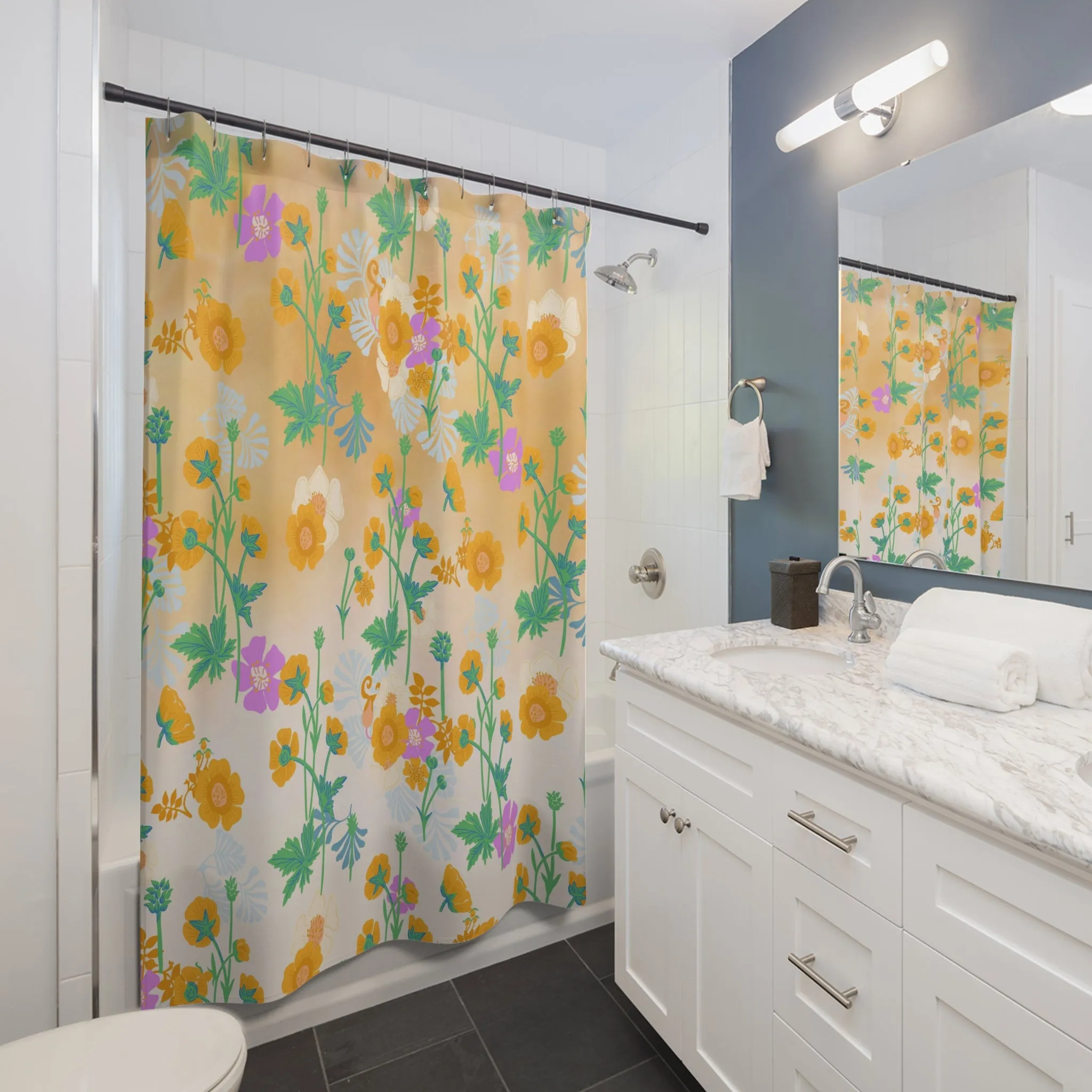 Boho Floral Shower Curtain | Colorful Yellow Green Pink