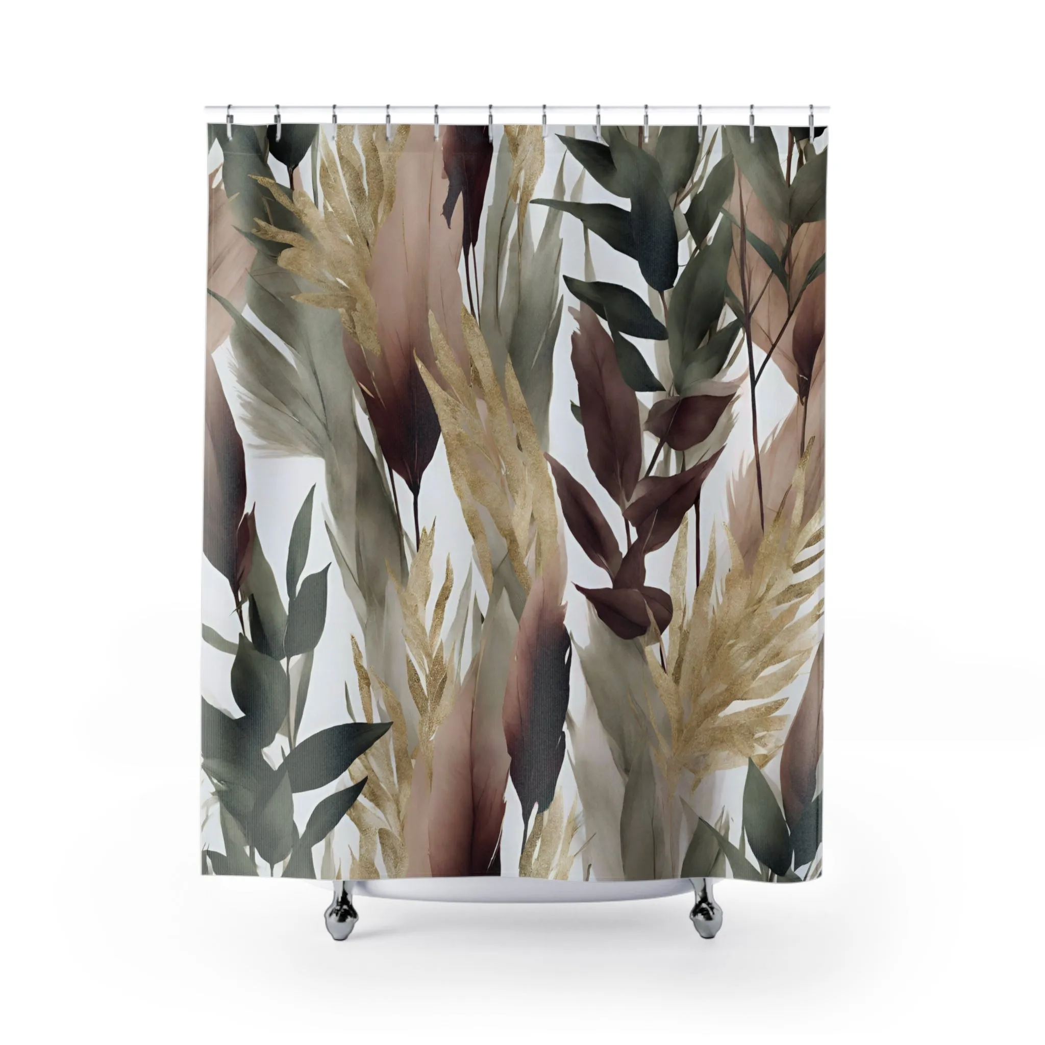 Boho Floral Shower Curtain | Forest Olive Green, Brown Leaves Lighting,Home Lighting
