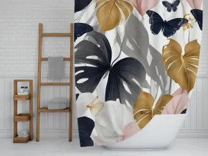 Boho Floral Shower Curtain | Modern Grey, Navy Muted Gold, Pink Jungle Leaves Lighting,Home Lighting