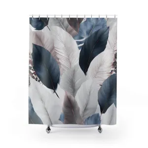 Boho Floral Shower Curtain | Navy Blue White Grey, Leaves Lighting,Home Lighting