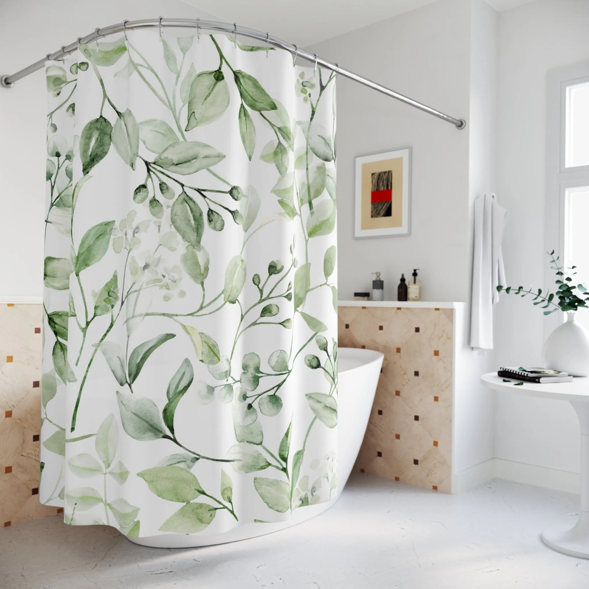 Boho Floral Shower Curtain | Sage Green Leaves