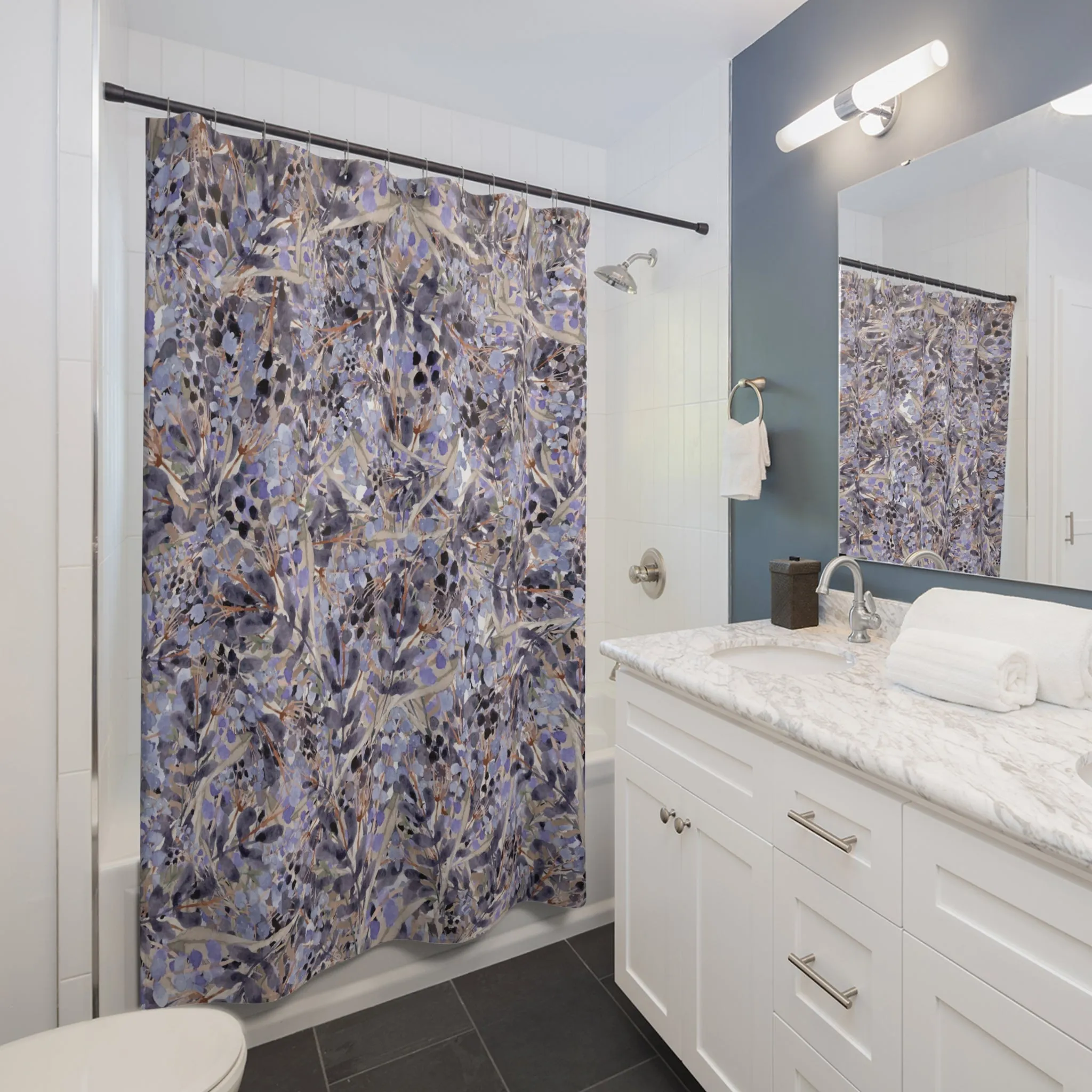 Boho Retro Floral Shower Curtain | Lavender Blue Gray