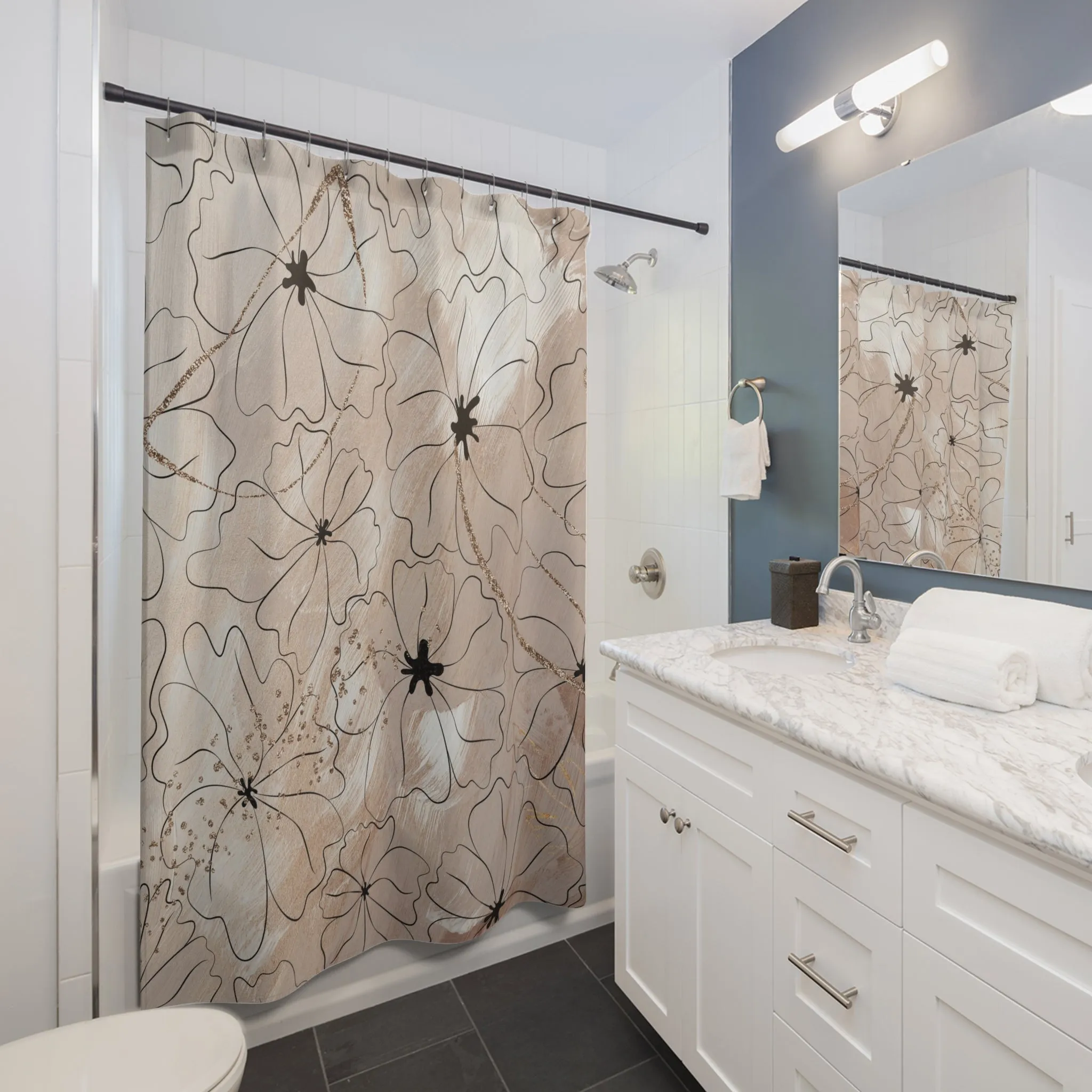 Boho Shower Curtain | Abstract Beige Floral Taupe Black Line Art