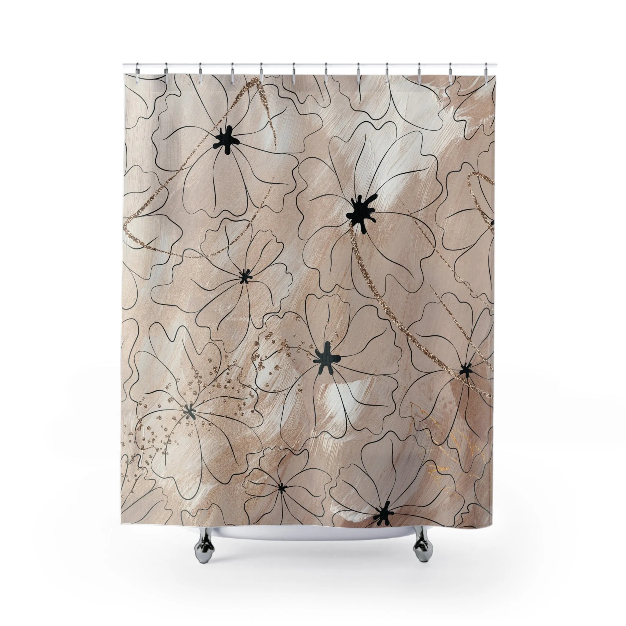 Boho Shower Curtain | Abstract Beige Floral Taupe Black Line Art Lighting,Home Lighting
