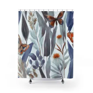 Boho Shower Curtain | Abstract Blue White, Orange Butterflies Lighting,Home Lighting