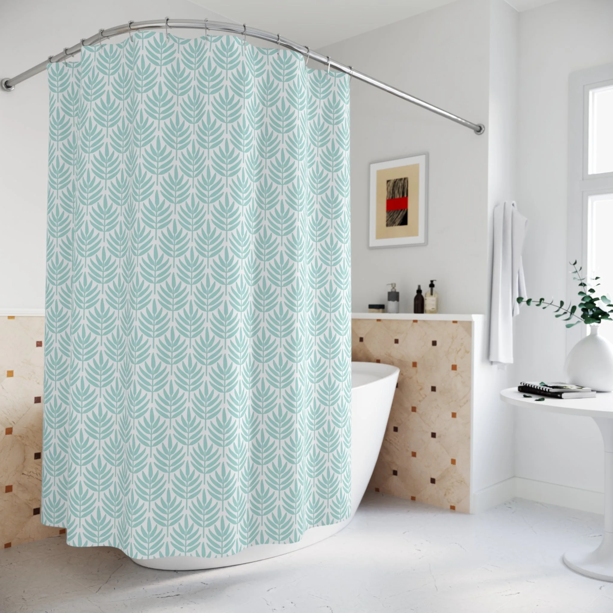 Boho Shower Curtain | Abstract Floral, Mint Blue