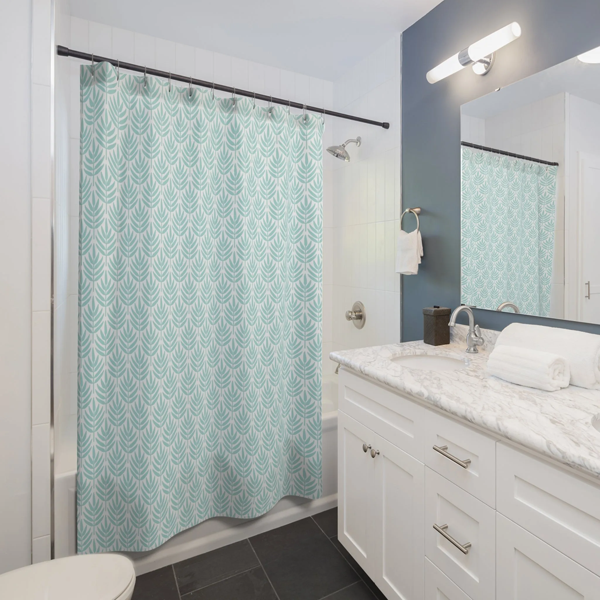 Boho Shower Curtain | Abstract Floral, Mint Blue