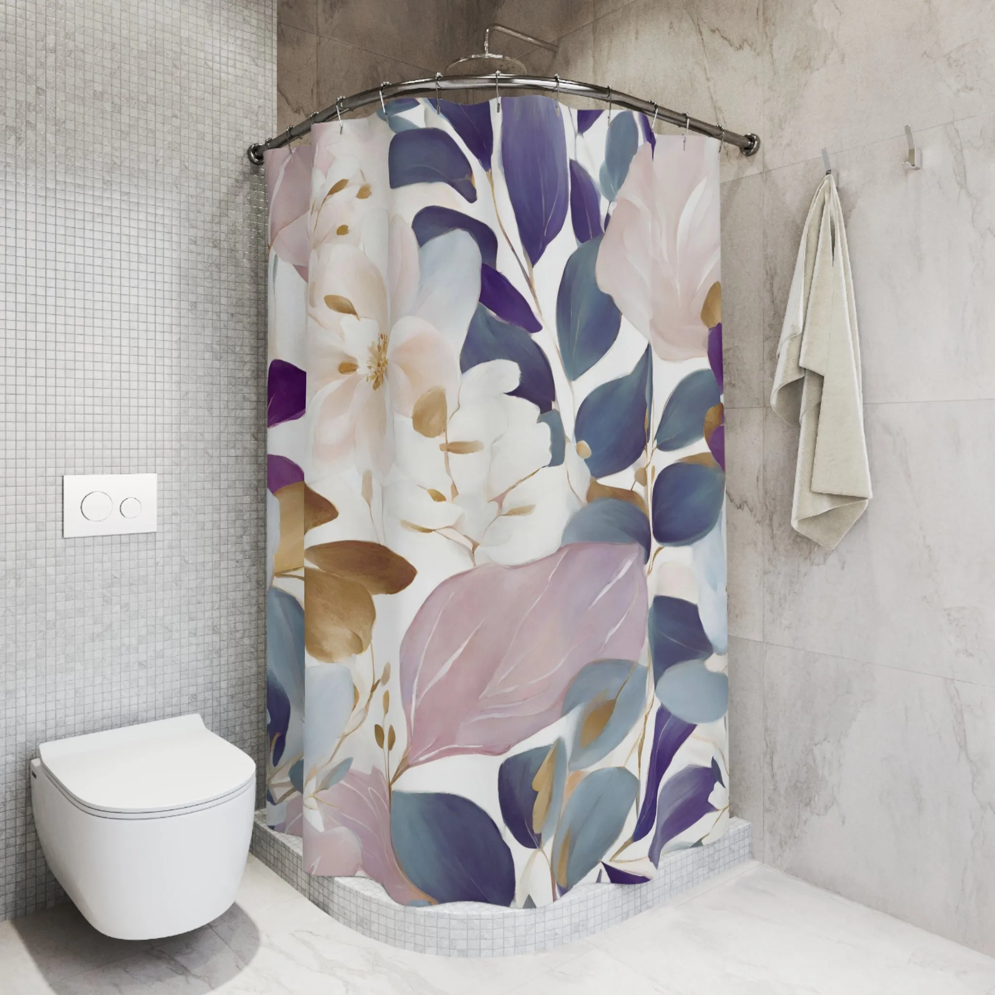 Boho Shower Curtain | Abstract Floral, Teal Navy blue Leaves