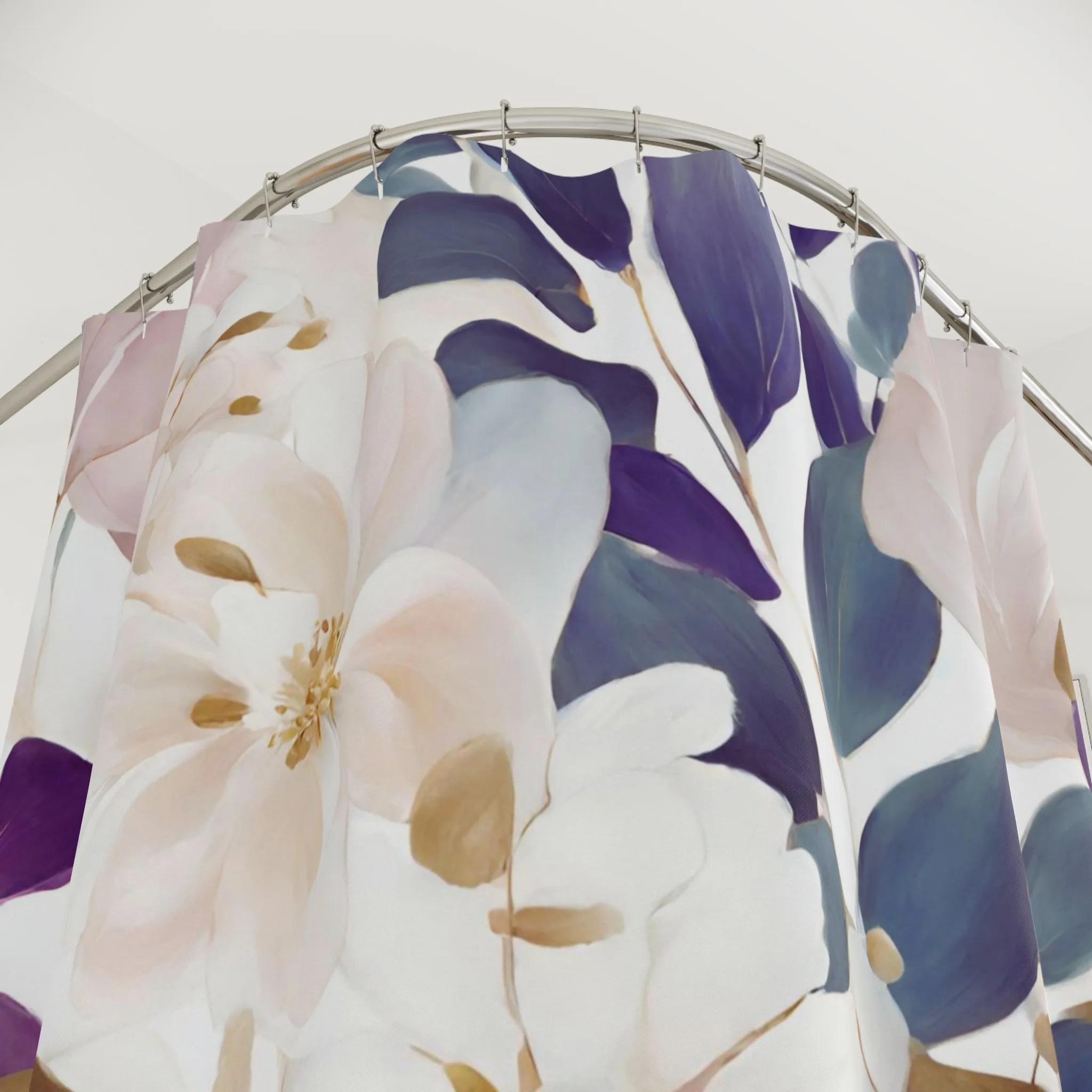 Boho Shower Curtain | Abstract Floral, Teal Navy blue Leaves