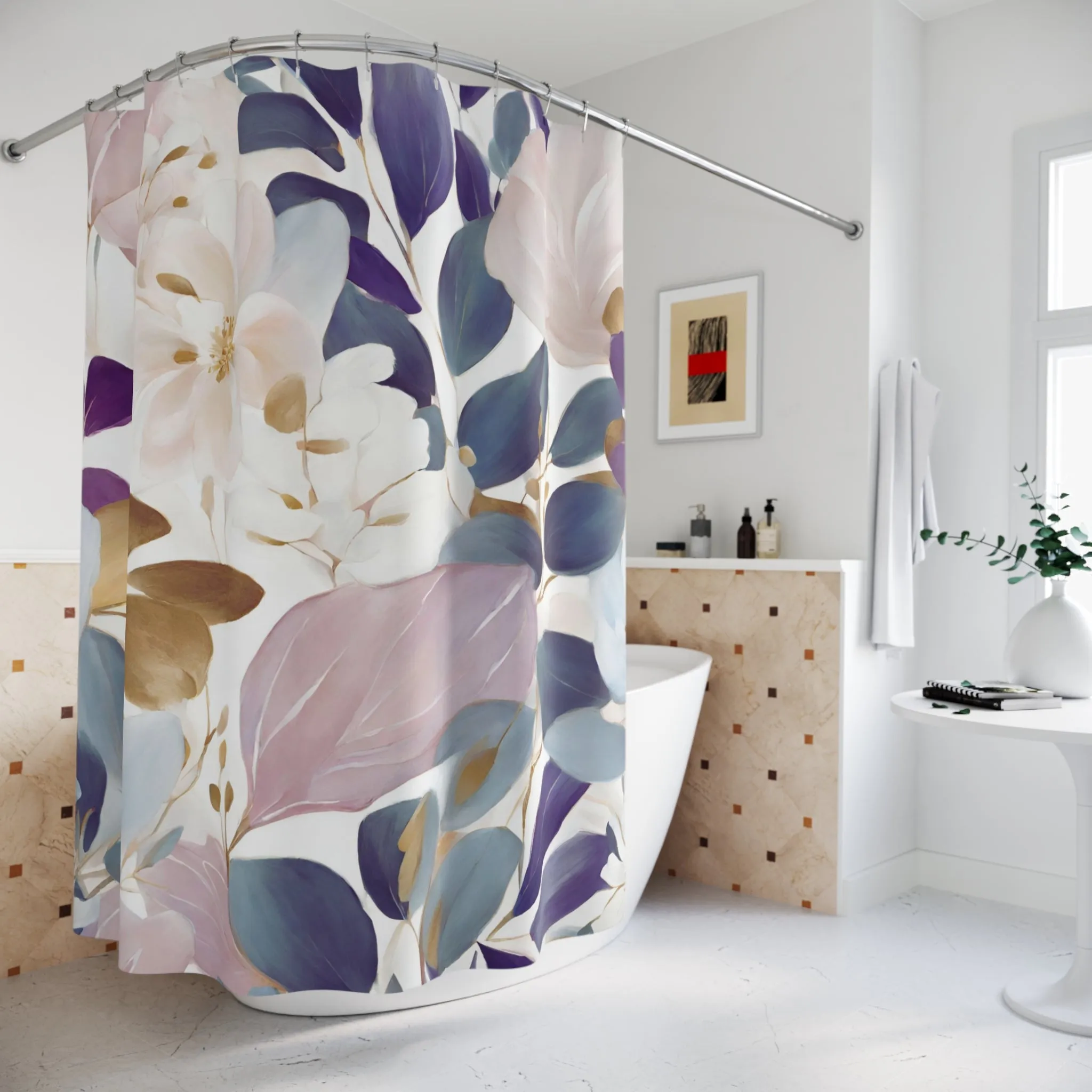 Boho Shower Curtain | Abstract Floral, Teal Navy blue Leaves