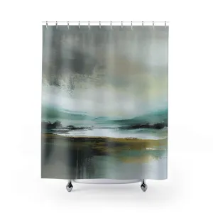 Boho Shower Curtain | Abstract Landscape, Grey Teal Green Lighting,Home Lighting