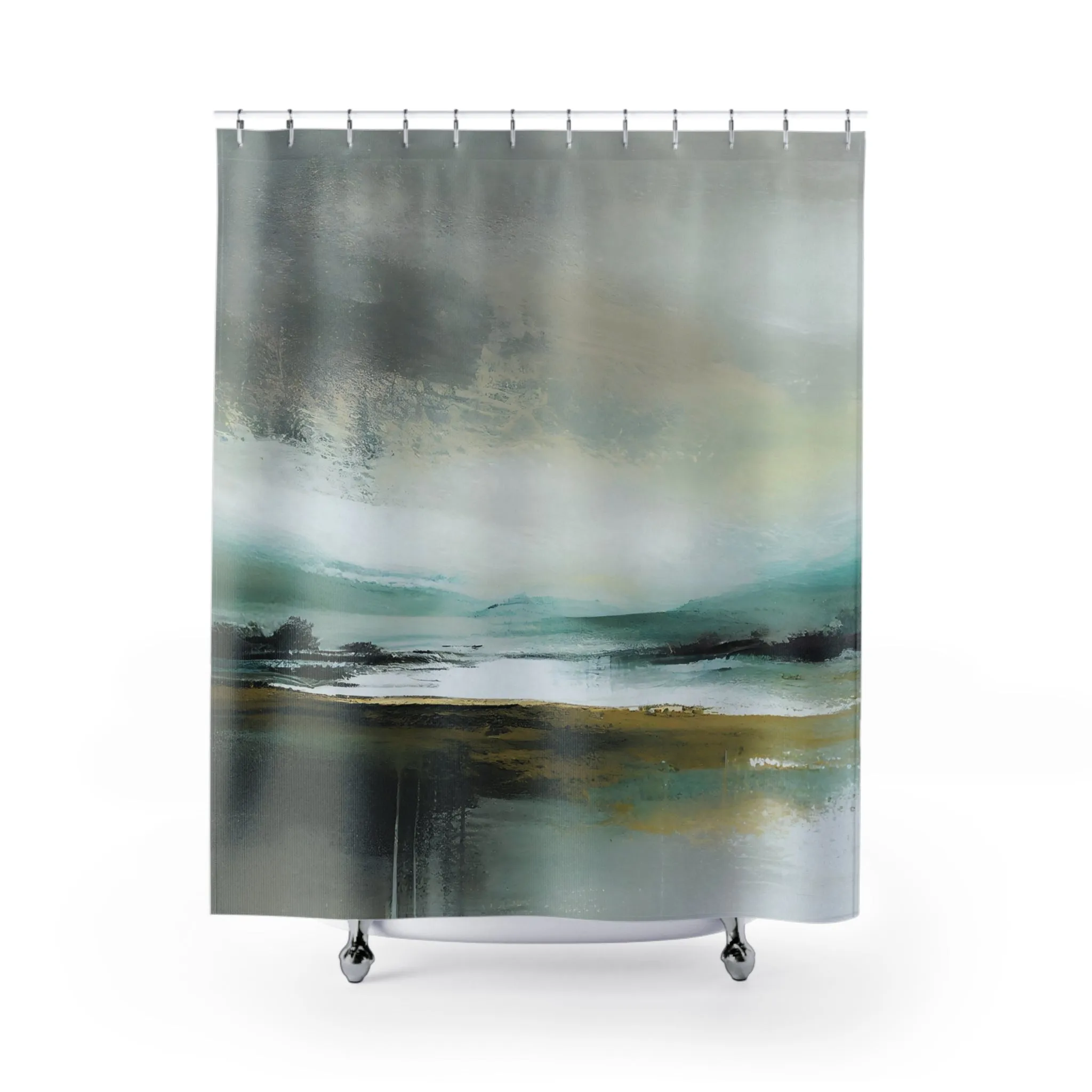 Boho Shower Curtain | Abstract Landscape, Grey Teal Green Lighting,Home Lighting