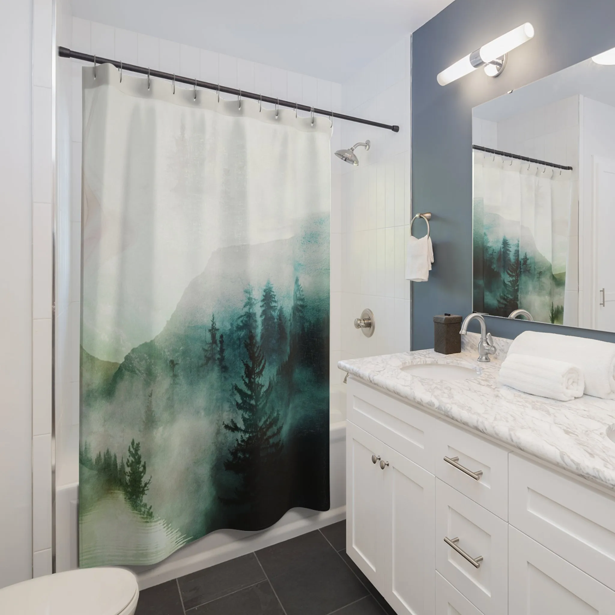 Boho Shower Curtain | Abstract Nature, Teal Sage Green Pine