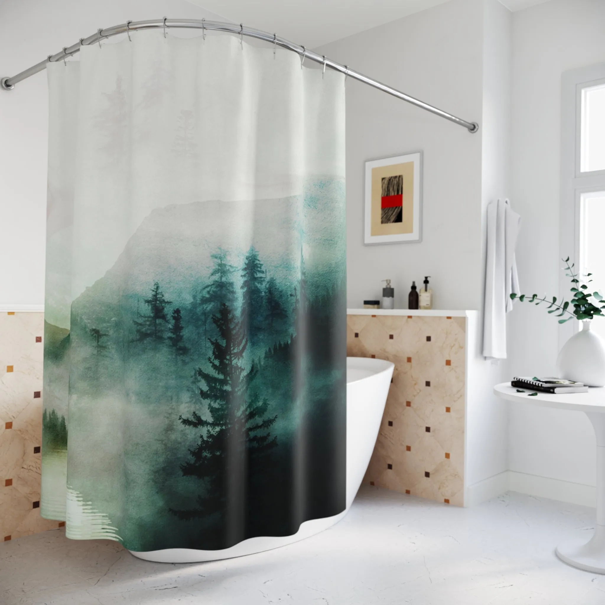Boho Shower Curtain | Abstract Nature, Teal Sage Green Pine