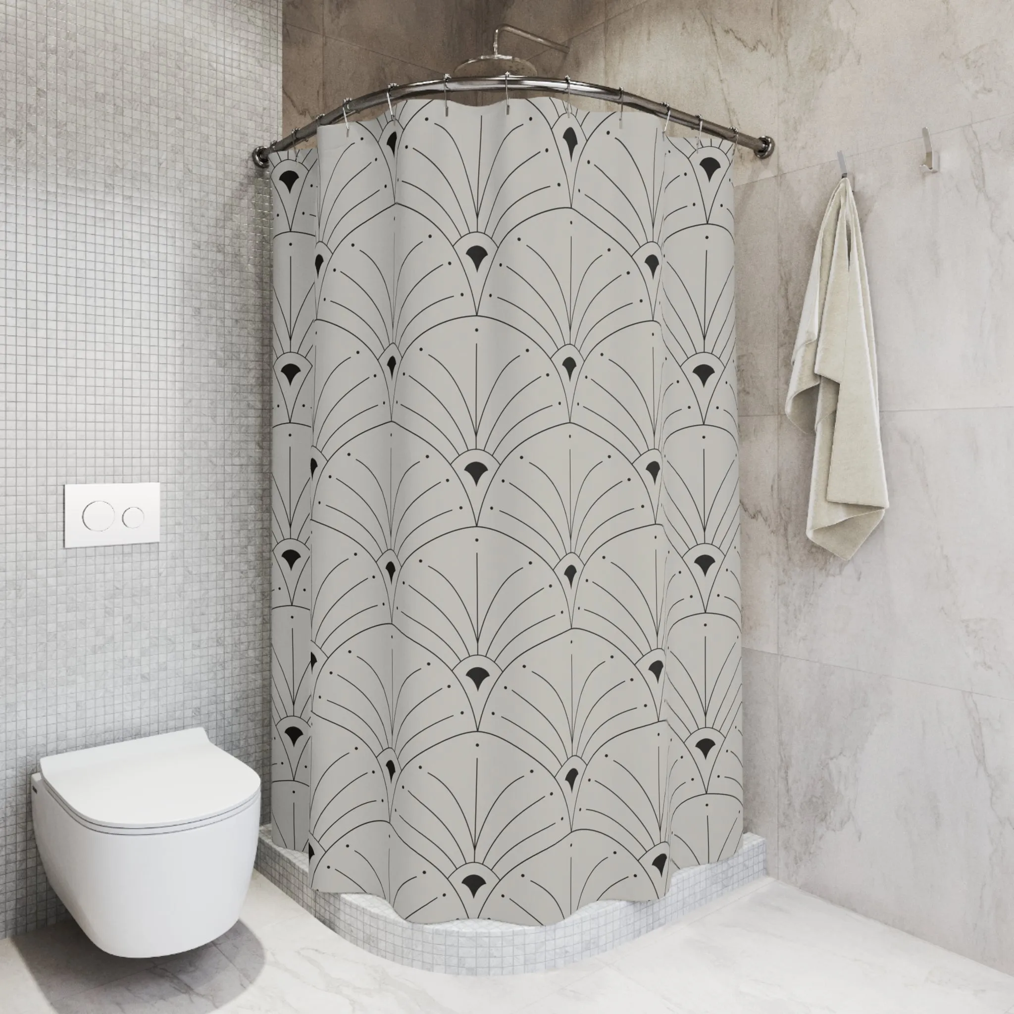 Boho Shower Curtain | Art Deco Nouveau Fan Grey Black
