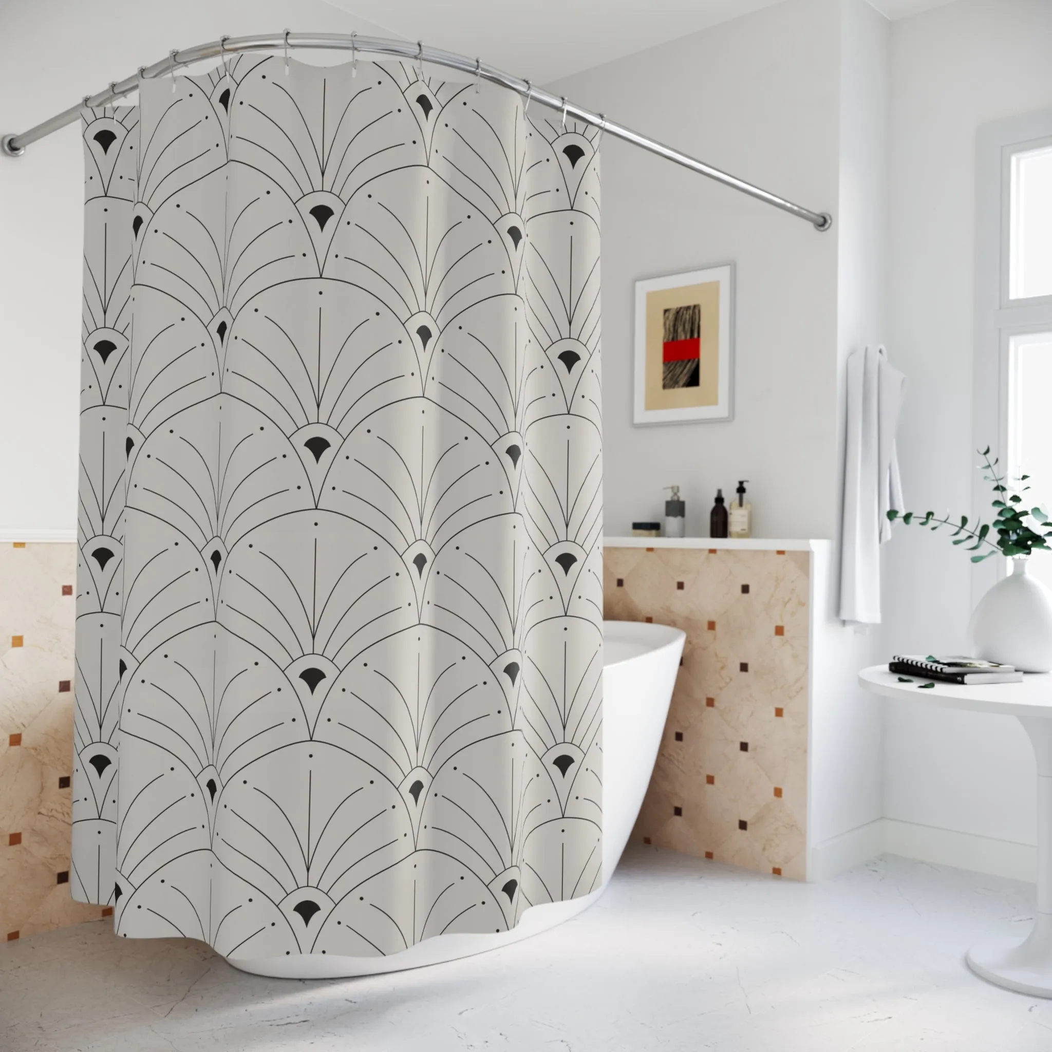 Boho Shower Curtain | Art Deco Nouveau Fan Grey Black
