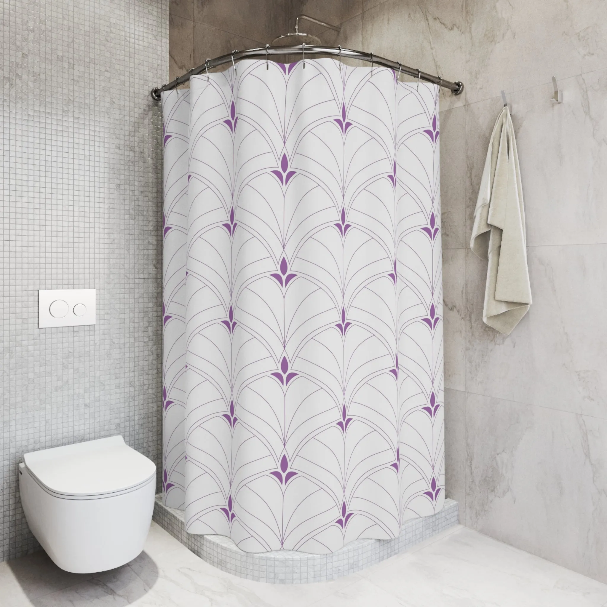 Boho Shower Curtain | Art Deco White Lavender Purple