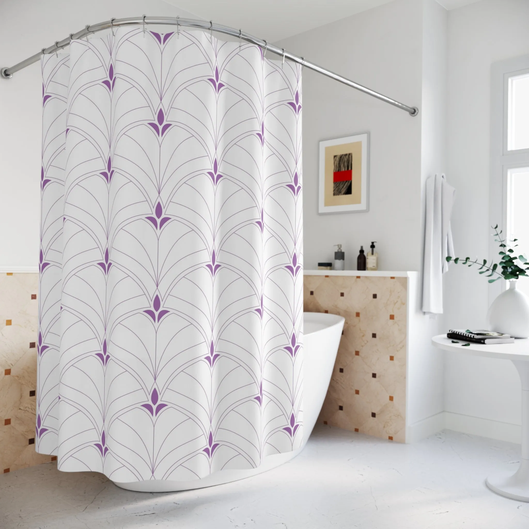 Boho Shower Curtain | Art Deco White Lavender Purple