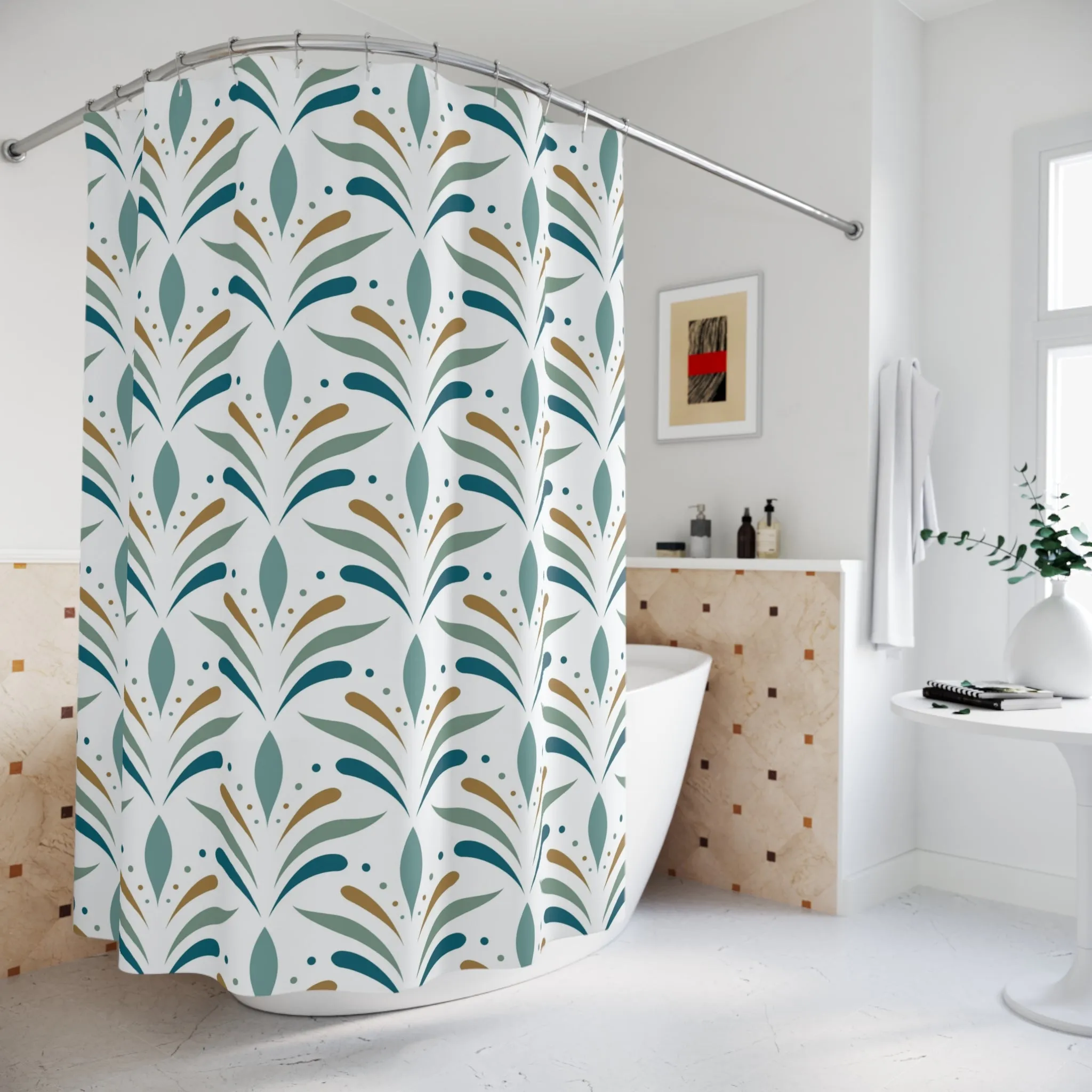 Boho Shower Curtain | Art Nouveau Green White