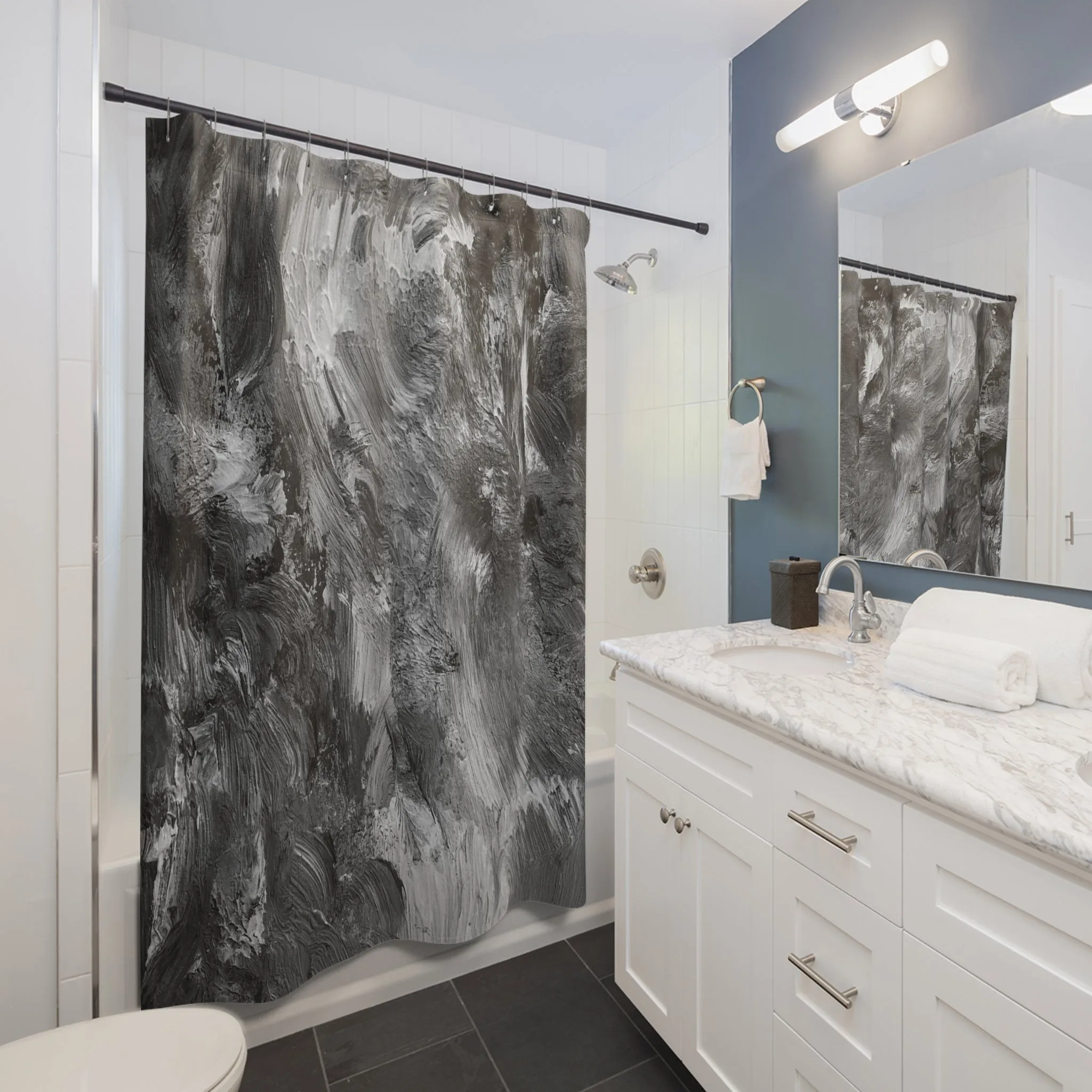 Boho Shower Curtain | Black Grey, White Acrylic Ombre