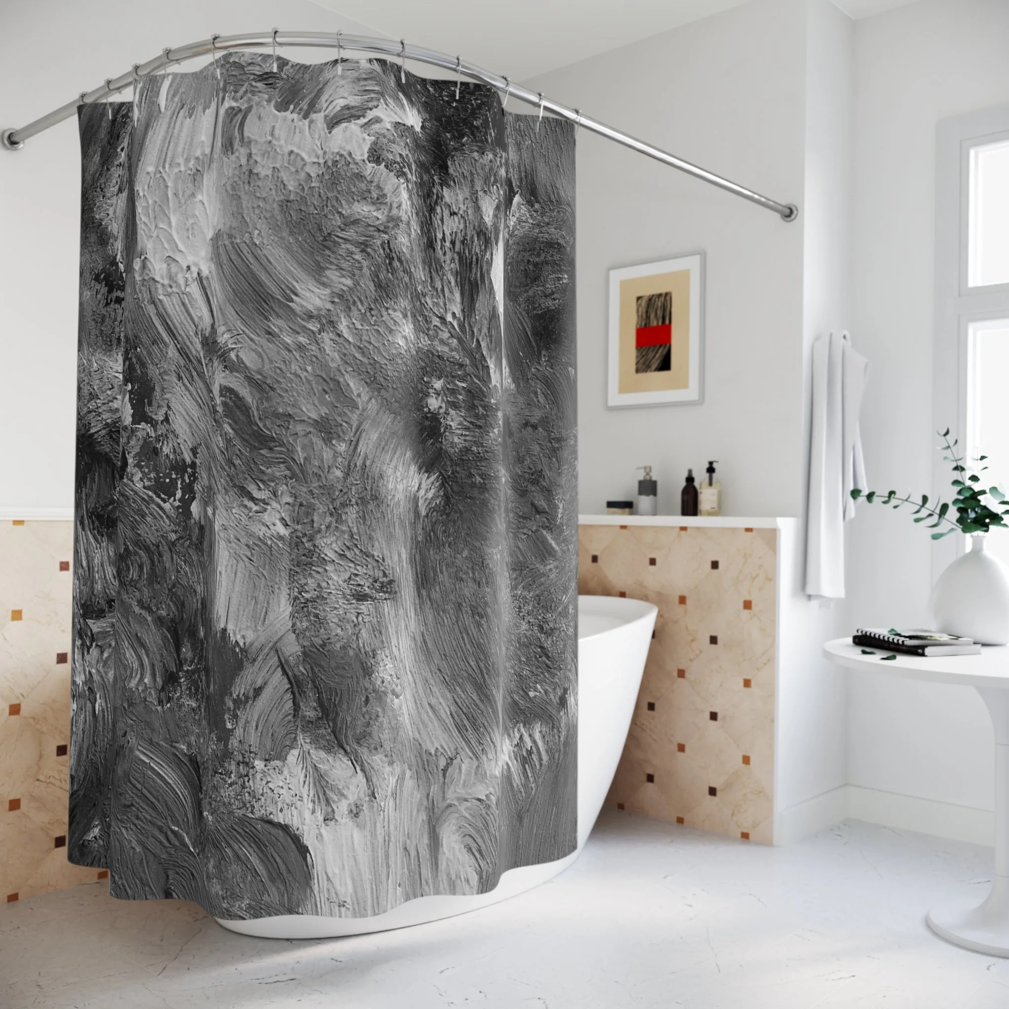 Boho Shower Curtain | Black Grey, White Acrylic Ombre