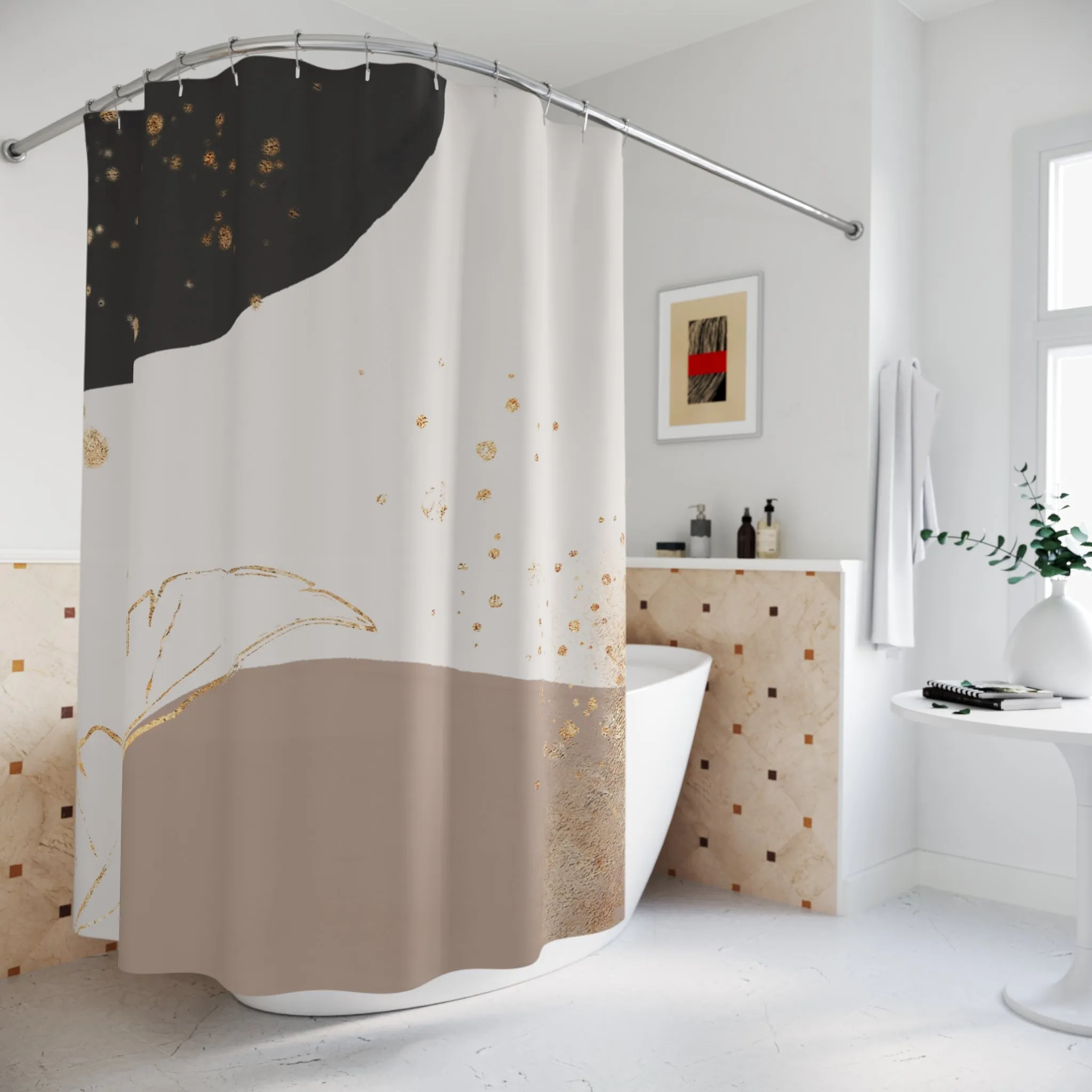 Boho Shower Curtain | Black, Muted Gold Beige, Earthy Leaf