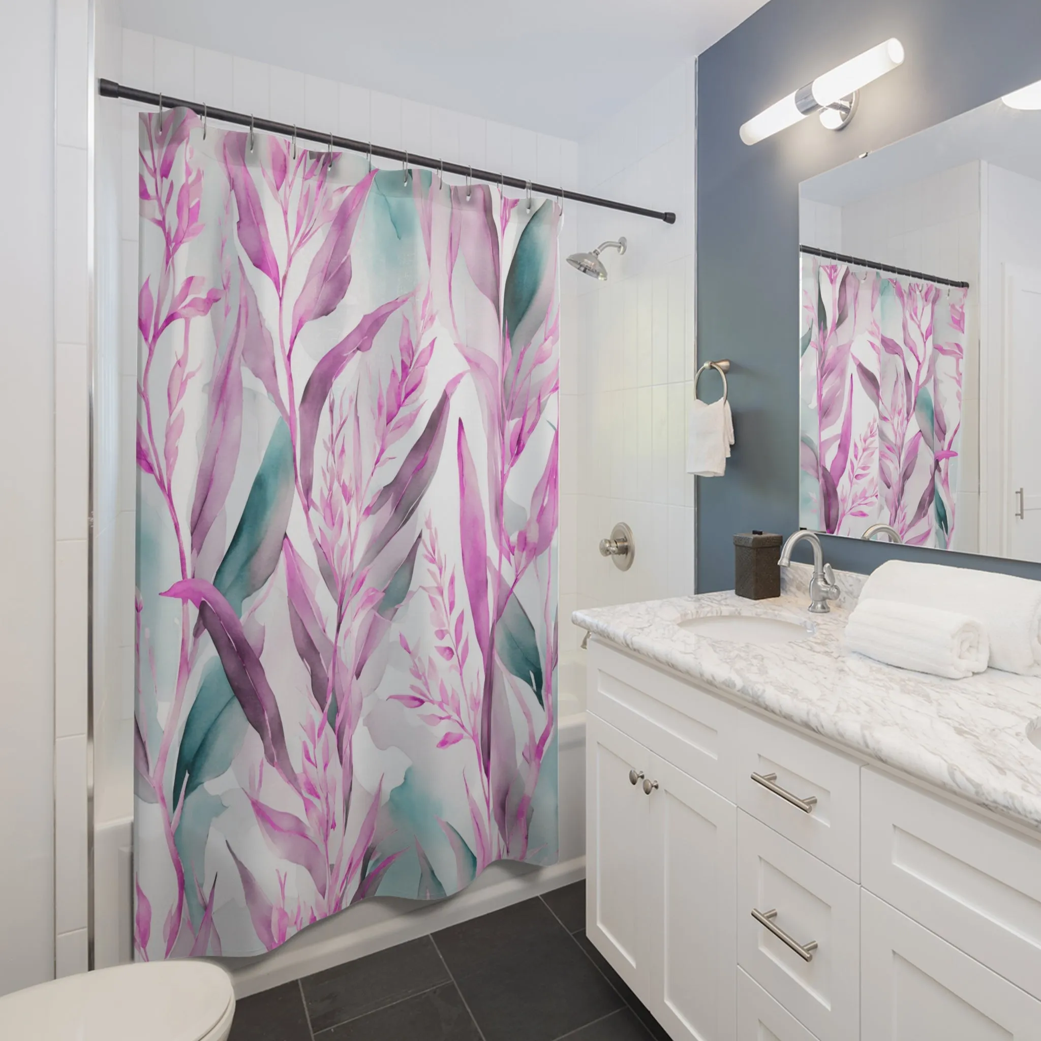 Boho Shower Curtain | Colorful Pink, Teal Green Leaves