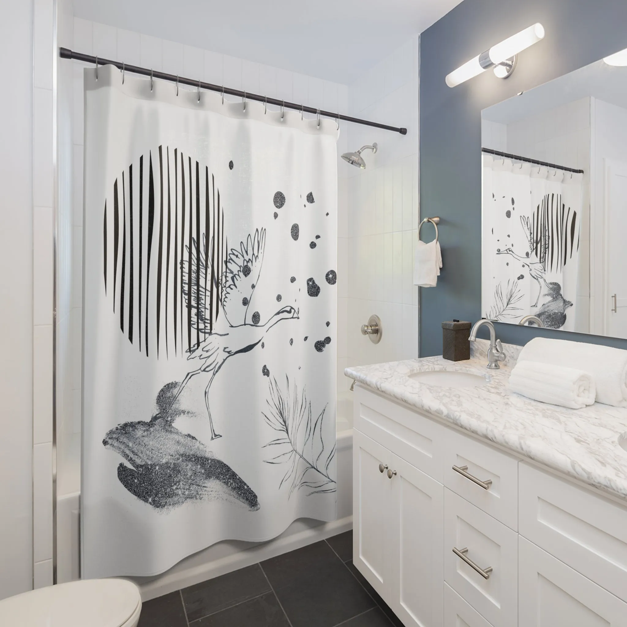 Boho Shower Curtain | Crane Bird, White Grey Black