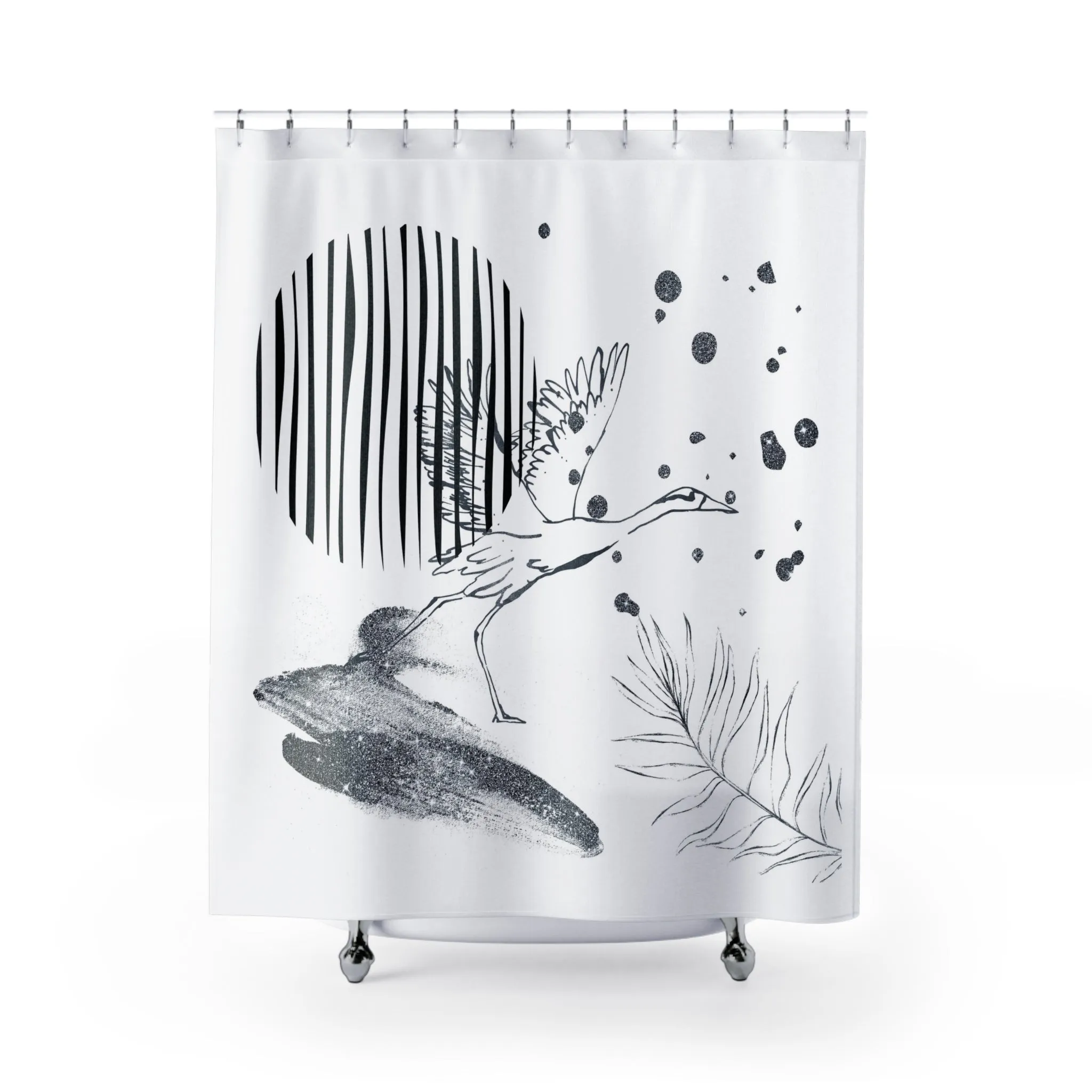 Boho Shower Curtain | Crane Bird, White Grey Black Lighting,Home Lighting