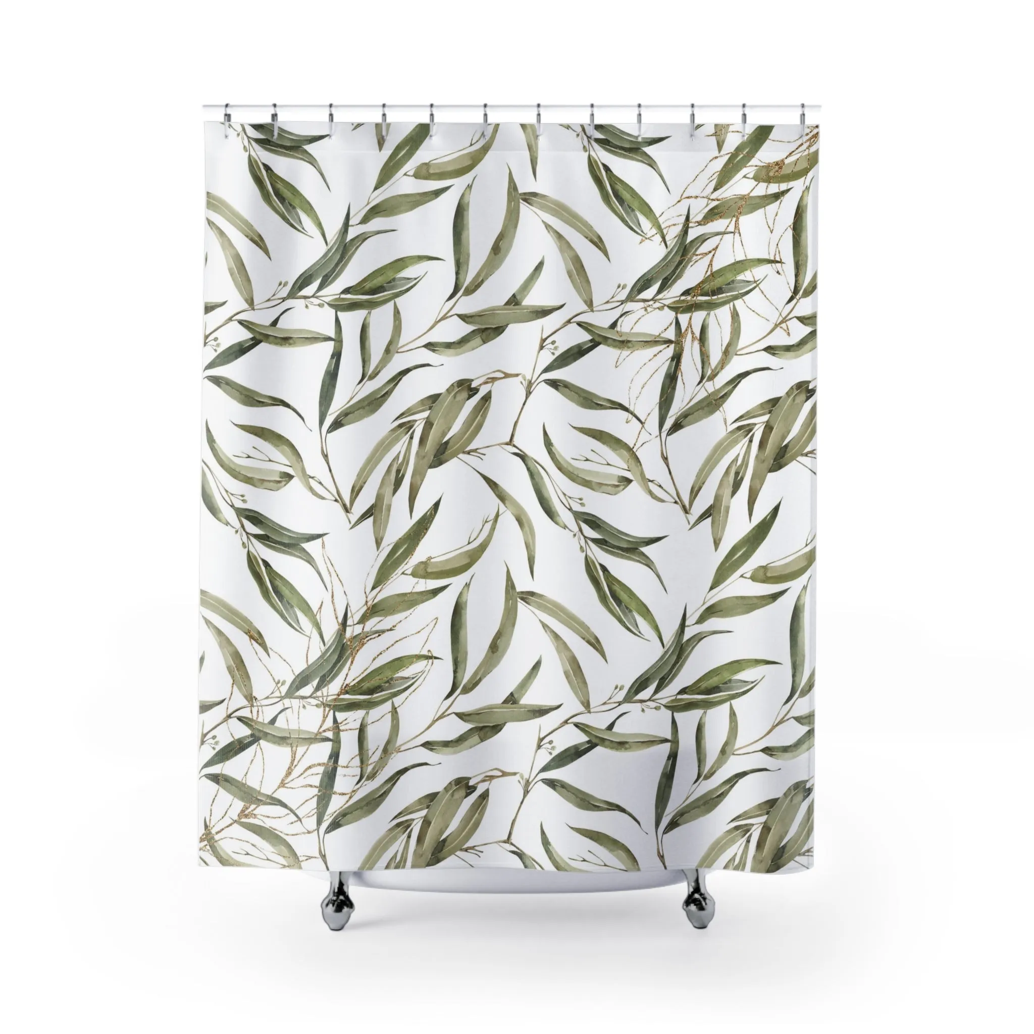 Boho Shower Curtain | Floral, Amalfi Olive Leaves, Green White Lighting,Home Lighting