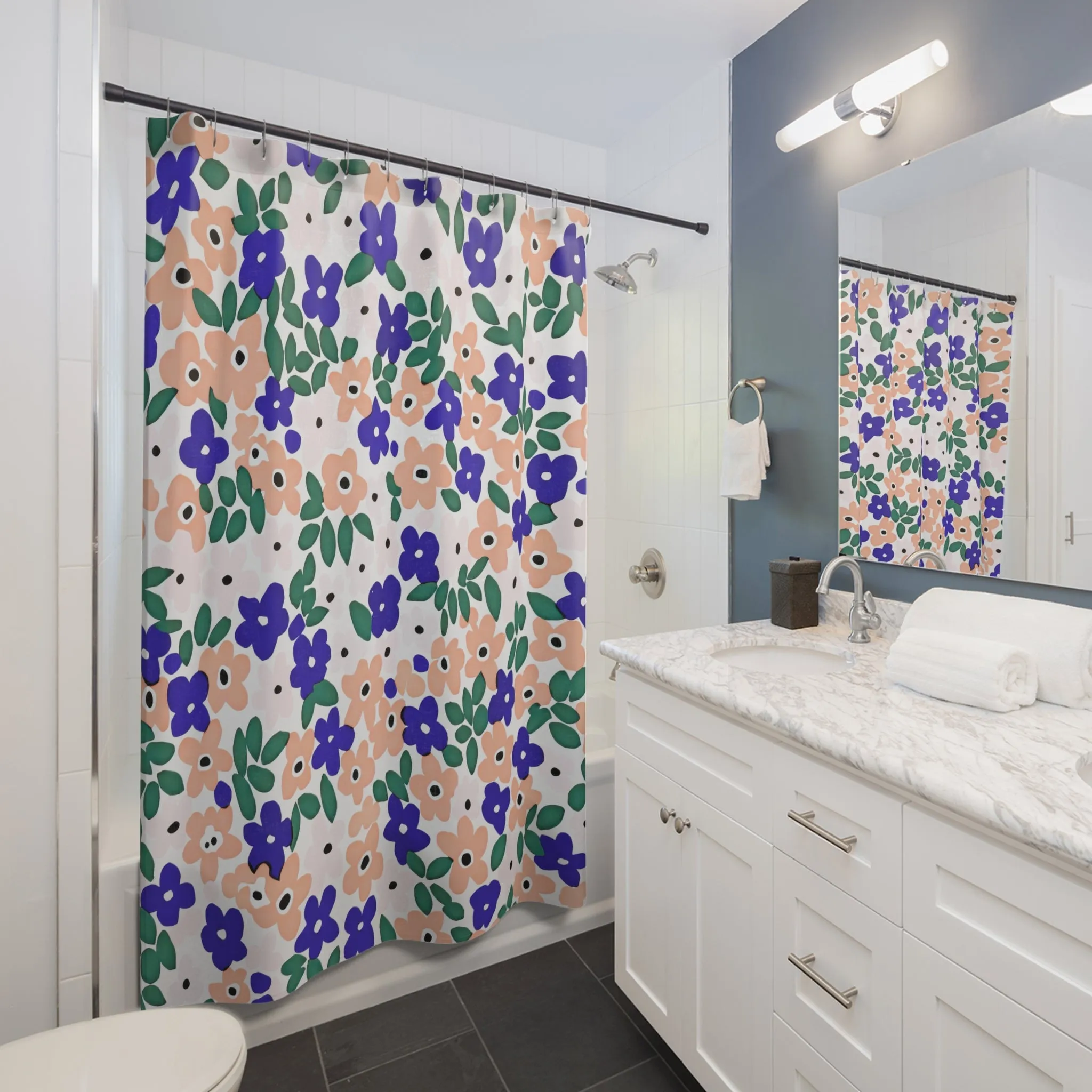 Boho Shower Curtain | Floral Blue, Green, Blush Beige Pink Cute