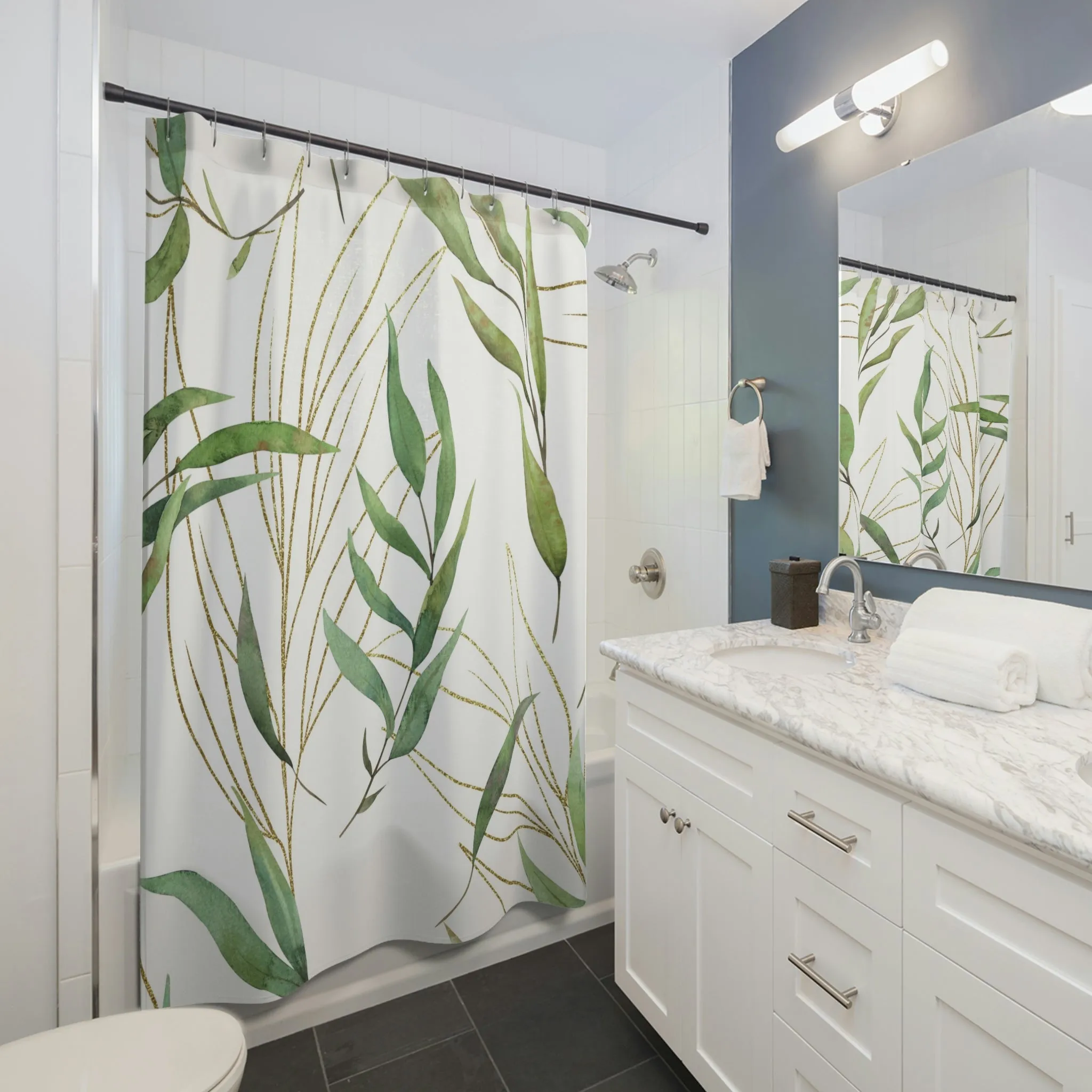 boho shower curtain | floral green leaves, white