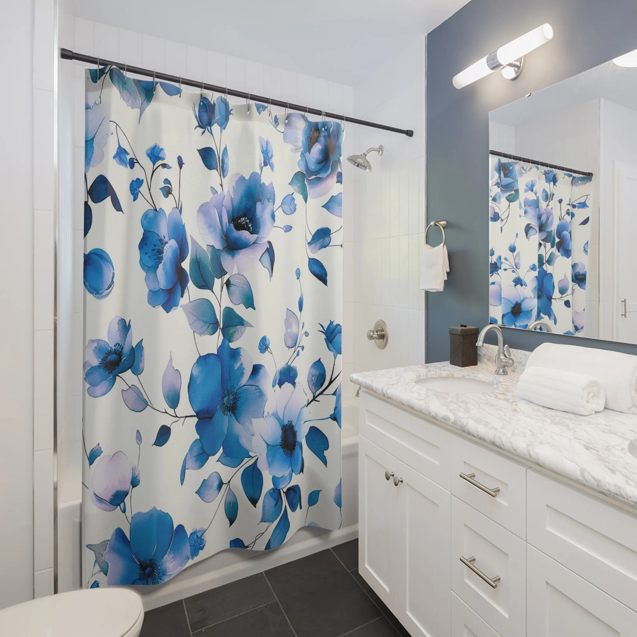 Boho Shower Curtain | Floral, Indigo Blue White
