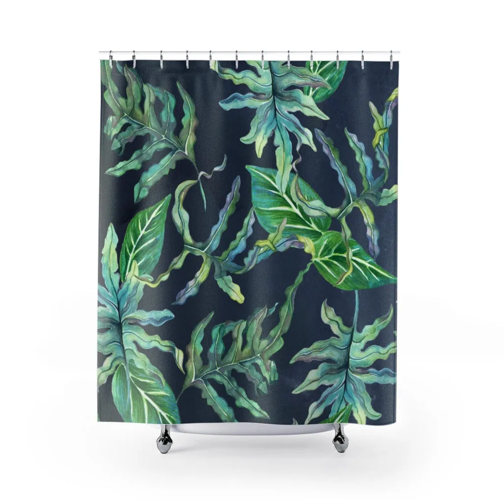 Boho Shower Curtain | Floral Navy Green Jungle Leaves Lighting,Home Lighting