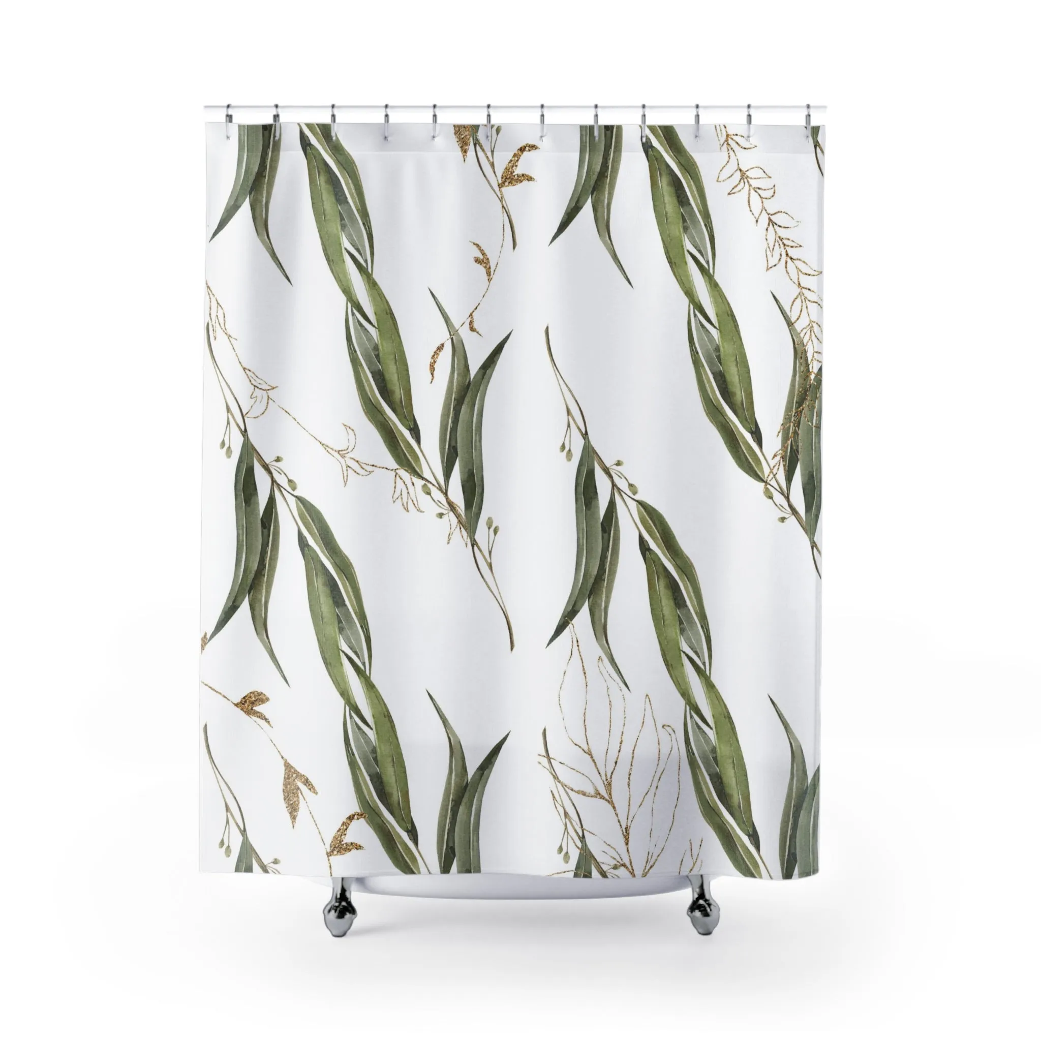 Boho Shower Curtain | Floral, Sage Green, White Gold Beige Leaves Lighting,Home Lighting