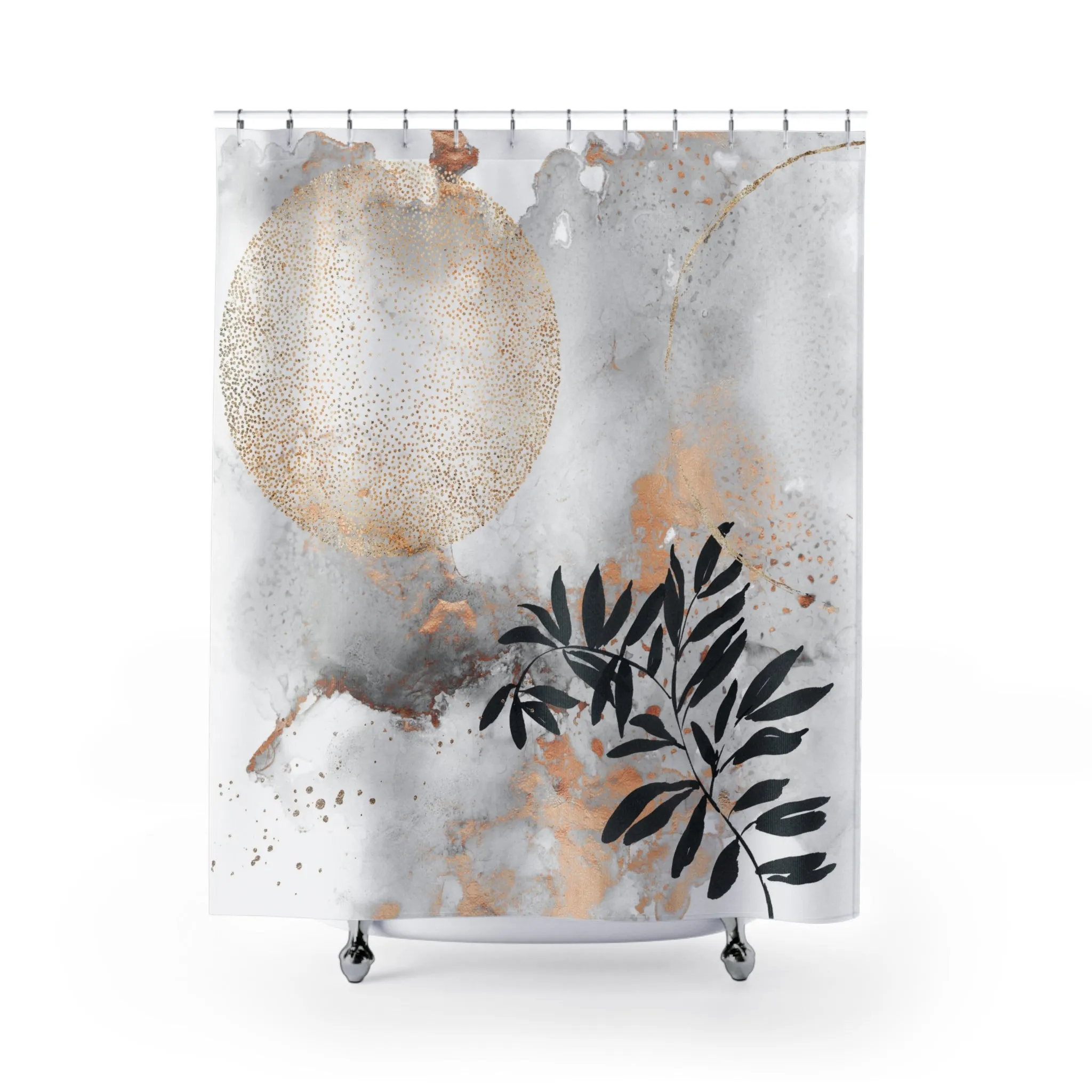 Boho Shower Curtain | Grey Gold Ombre Black Leaves Lighting,Home Lighting