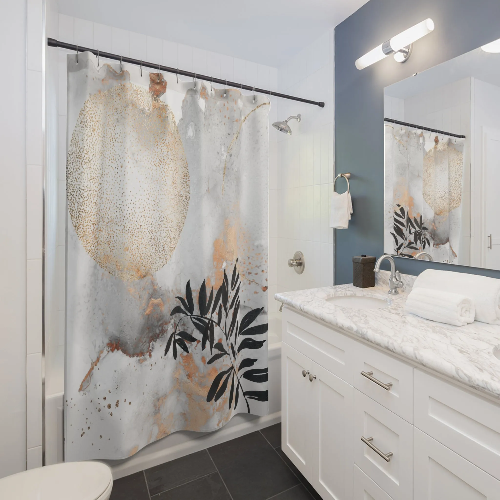 Boho Shower Curtain | Grey Gold Ombre Black Leaves