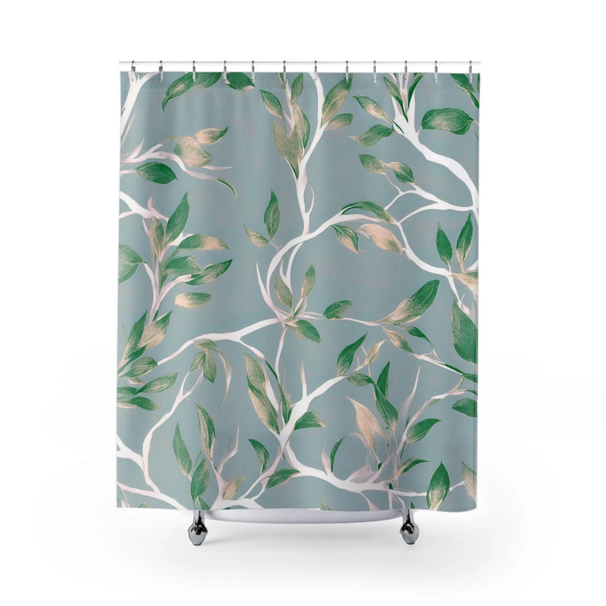 Boho Shower Curtain | Grey Green, Gold Beige White Leaves Lighting,Home Lighting