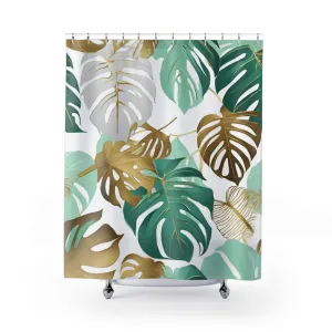 Boho Shower Curtain | Jungle Monstera Leaves, Mint Aqua Green Lighting,Home Lighting