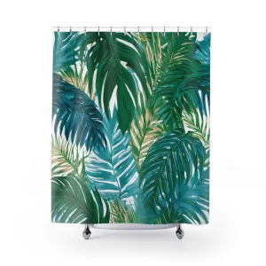 Boho Shower Curtain | Jungle Palm Leaves, Green Blue Lighting,Home Lighting