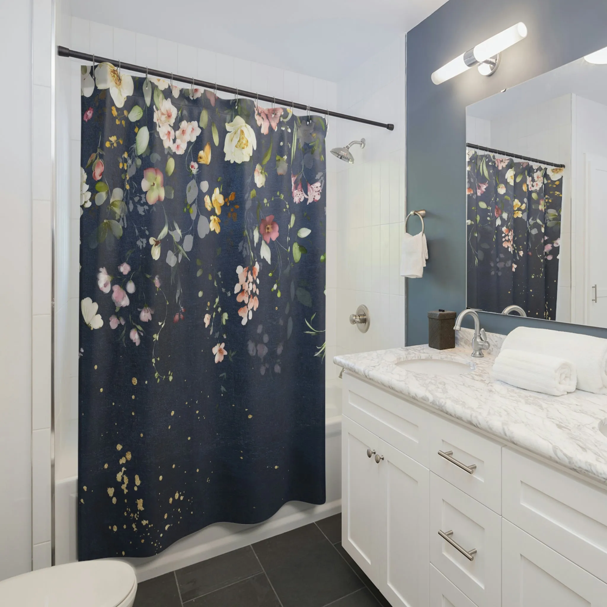boho shower curtain | Navy Wild Flowers