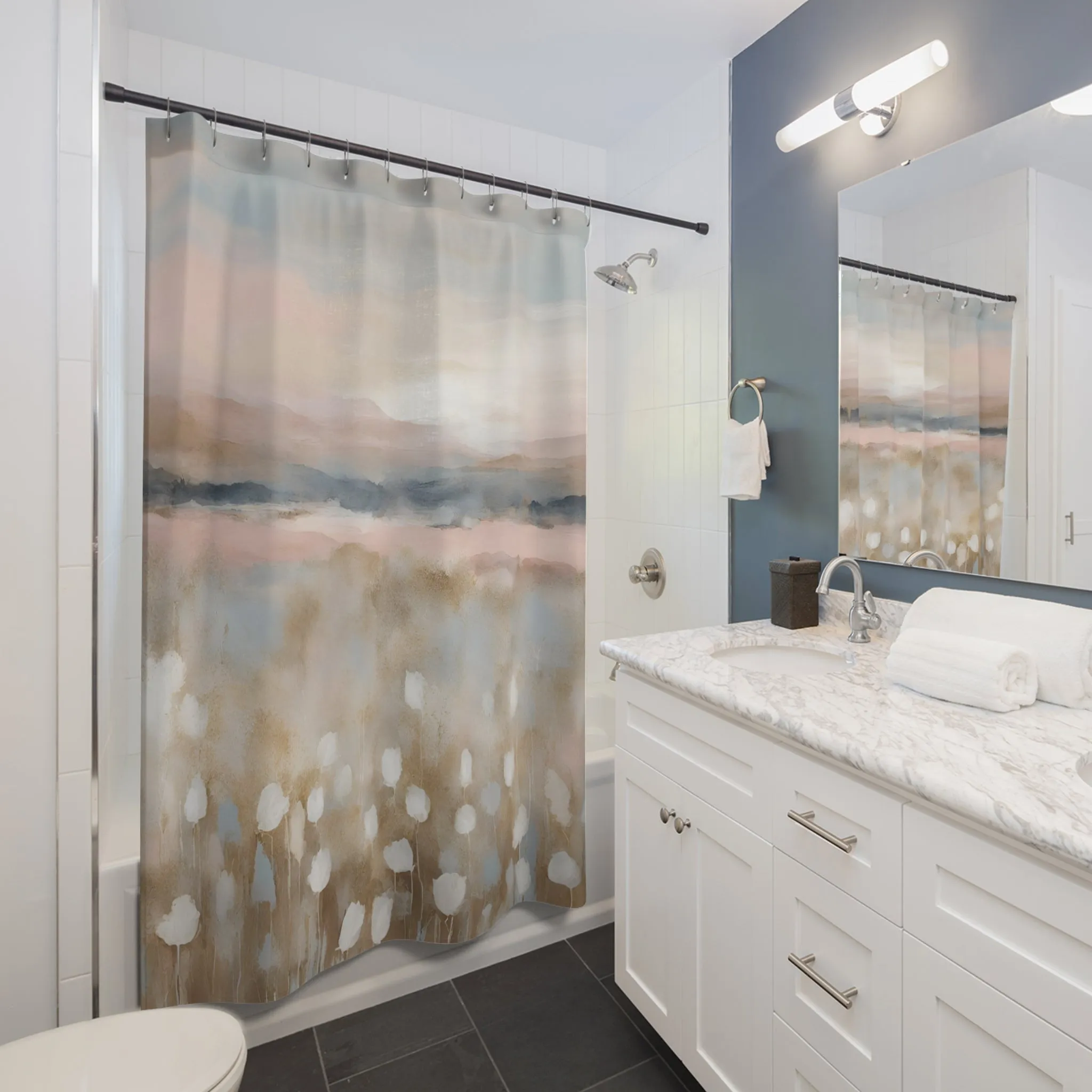 Boho Shower Curtain | Pink Blue Sky, Beige Meadow