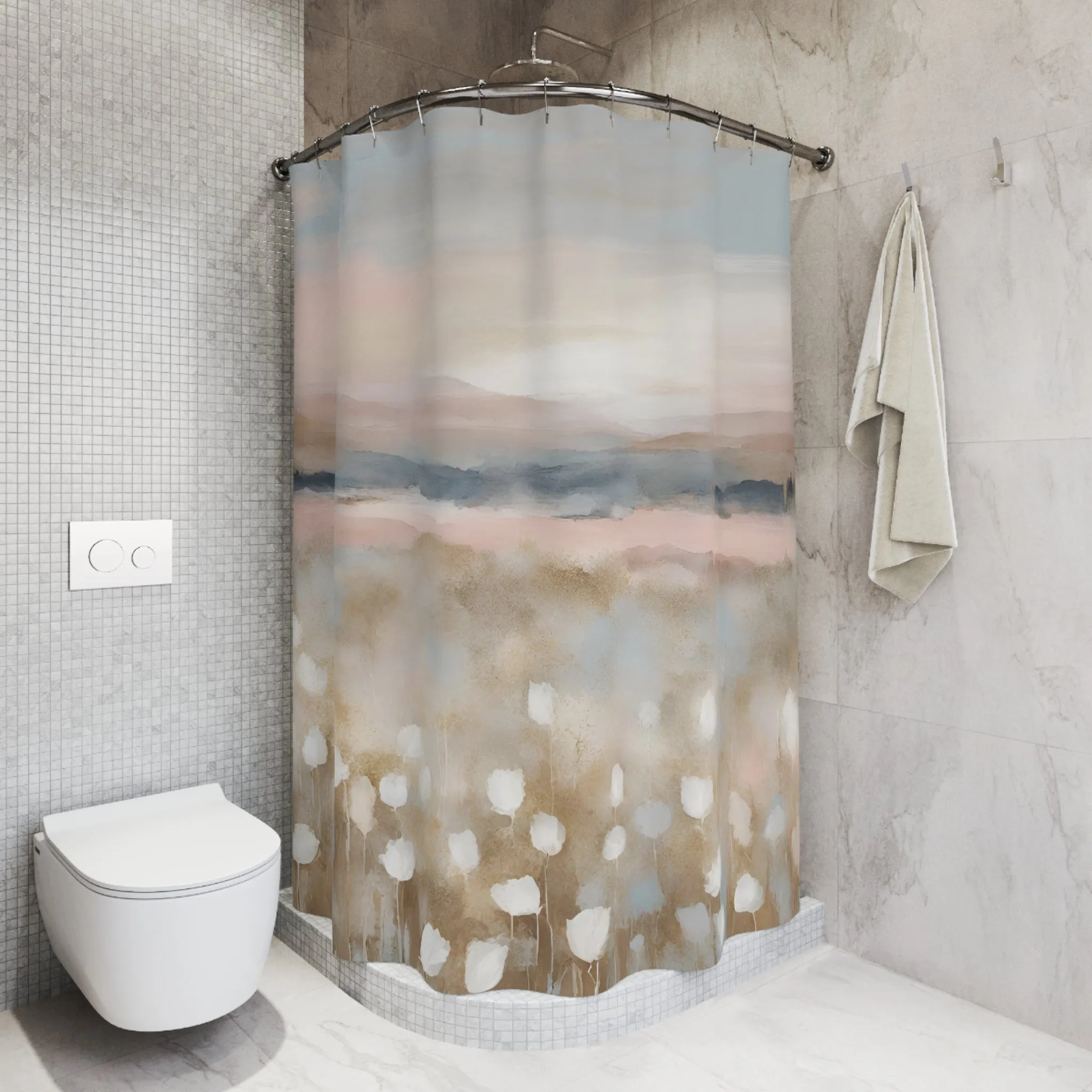 Boho Shower Curtain | Pink Blue Sky, Beige Meadow