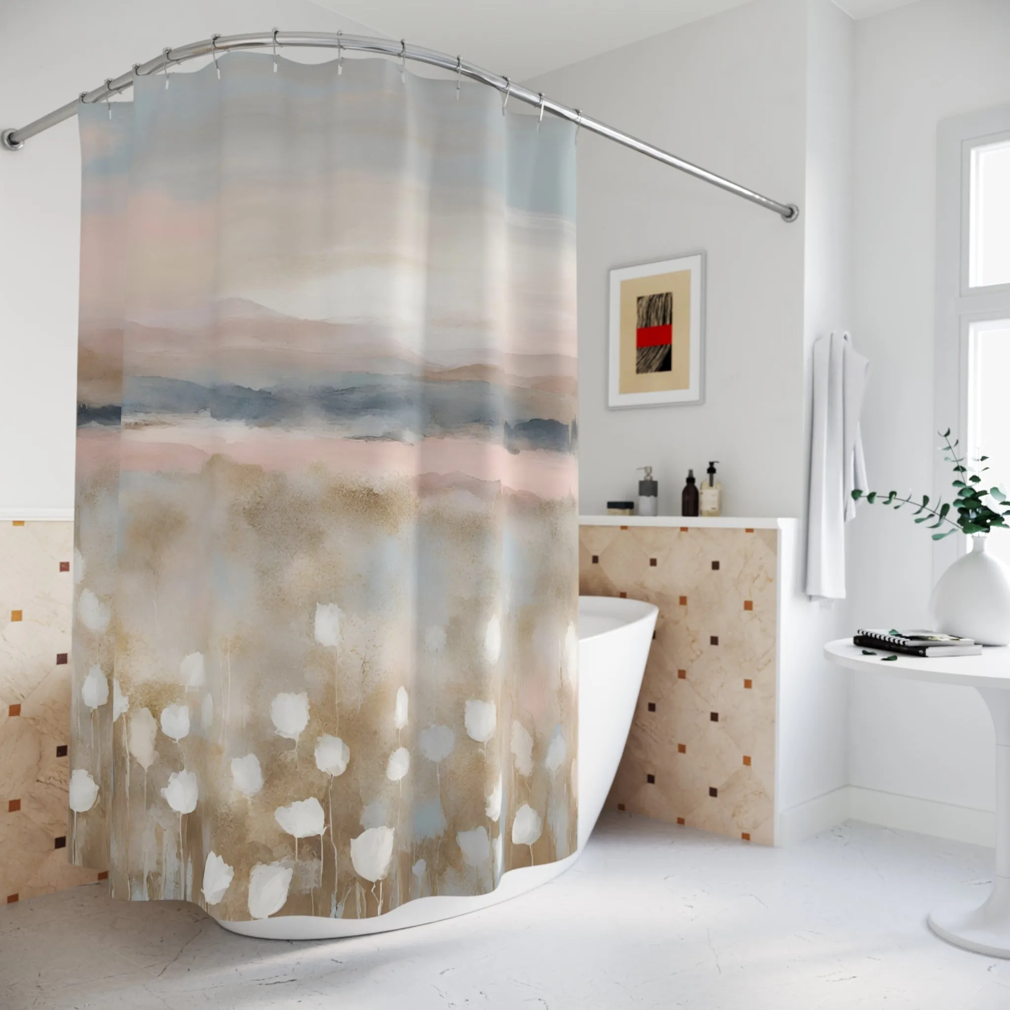 Boho Shower Curtain | Pink Blue Sky, Beige Meadow
