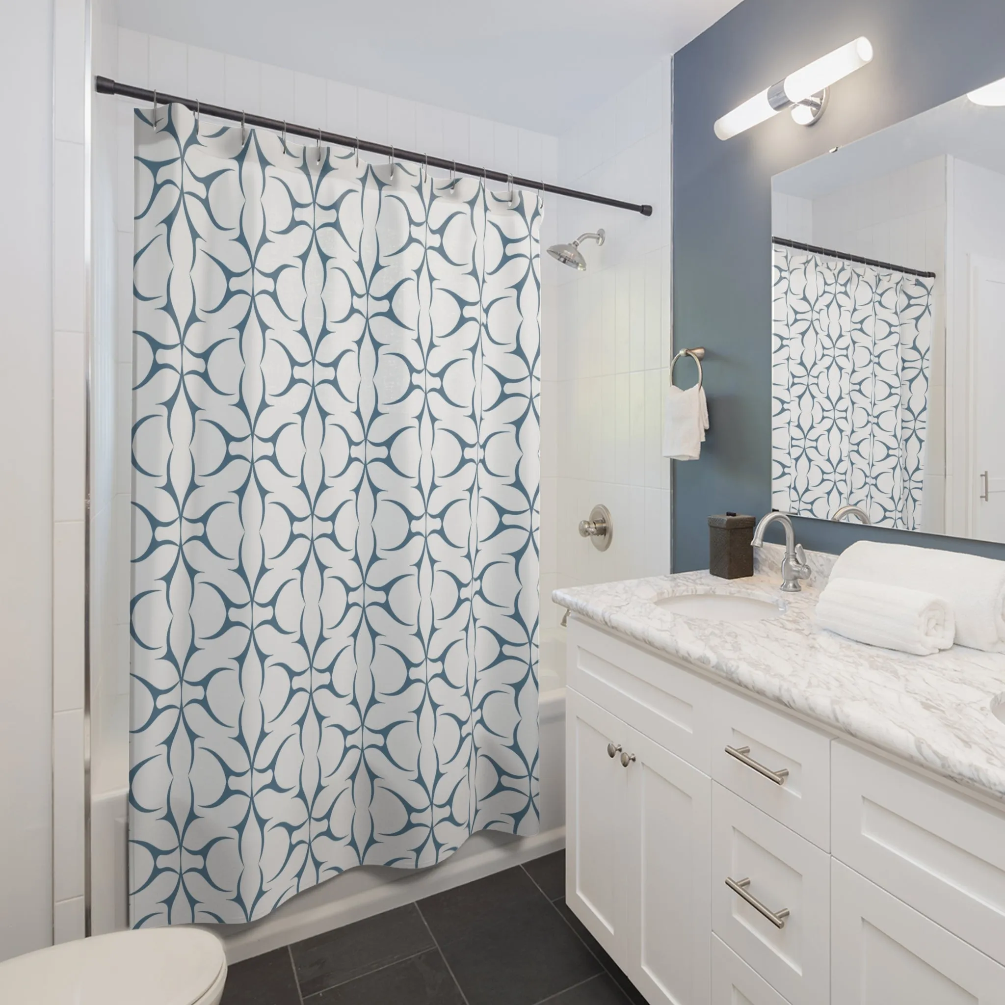 Boho Shower Curtain | Retro Art Deco White Blue Geometric