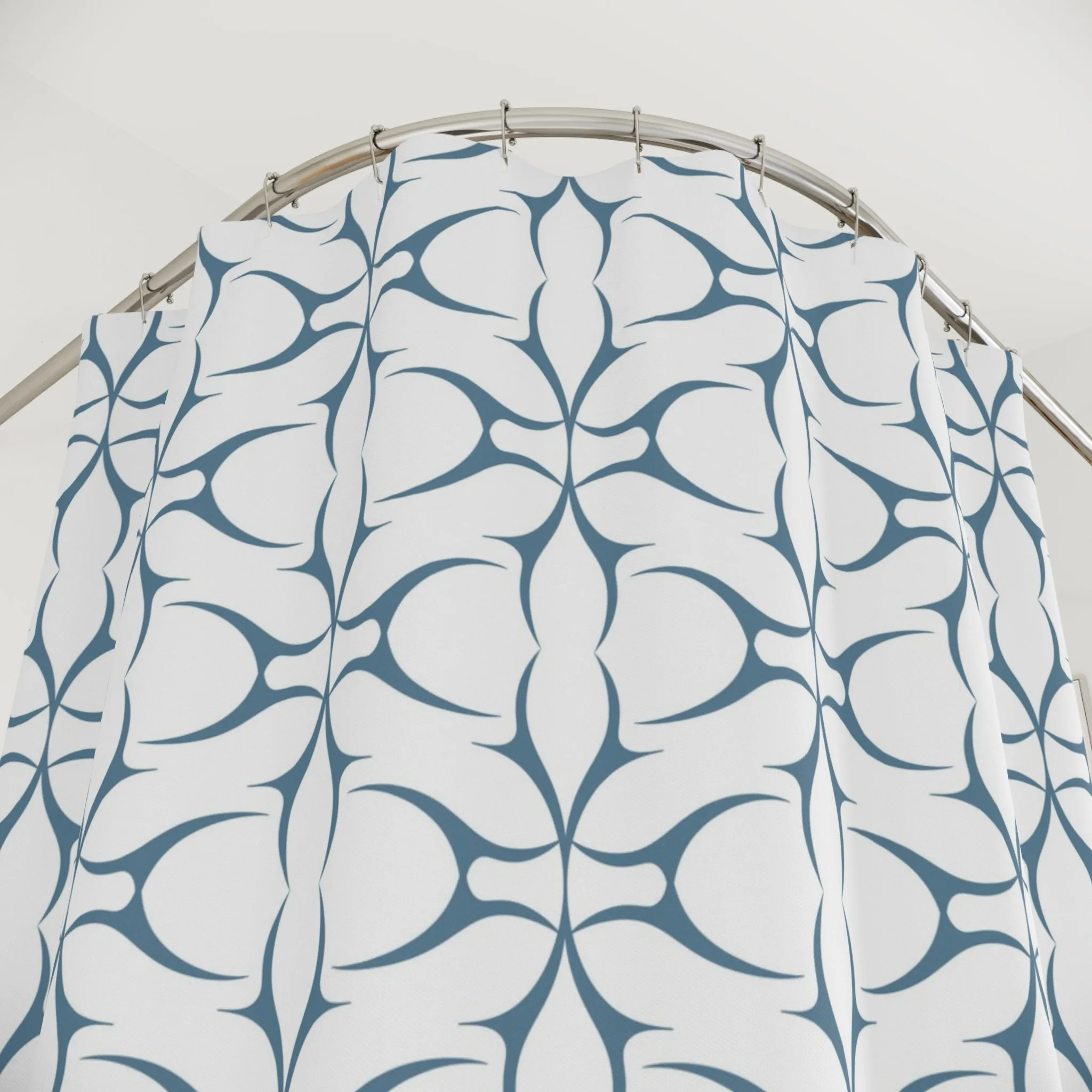 Boho Shower Curtain | Retro Art Deco White Blue Geometric