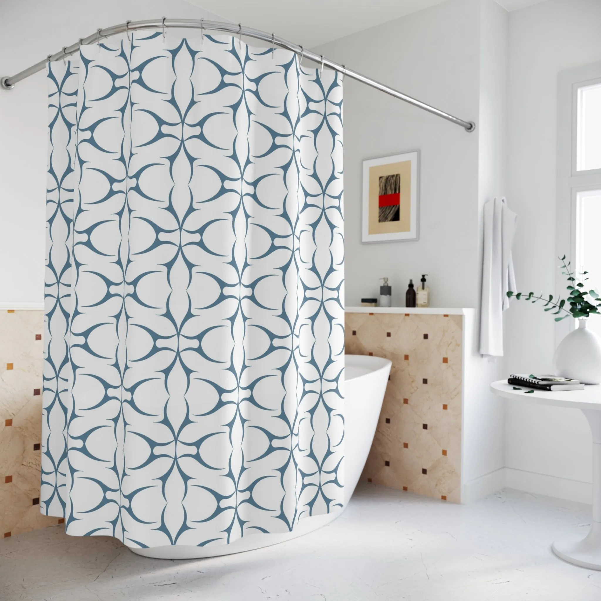 Boho Shower Curtain | Retro Art Deco White Blue Geometric