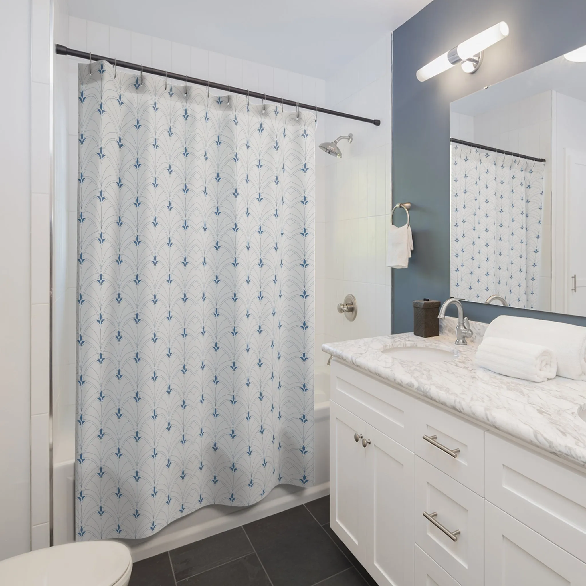 Boho Shower Curtain | Retro White Blue Art Deco, Nouveau